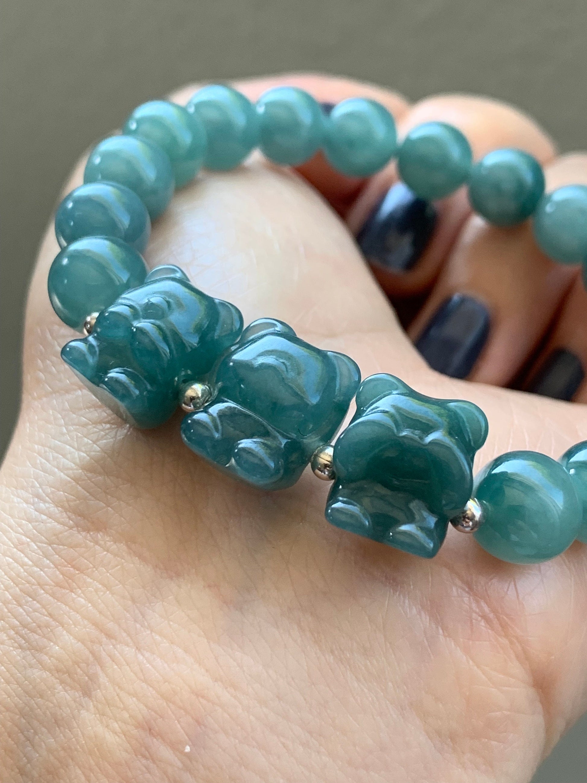 Natural Guatemalan Icy Translucent Teal Blue Jadeite Three Wise Bear Charms Beaded Bracelet Sterling Silver 8.9mm 7” 28g 天然冰危蓝绿翡翠不听不看不说小熊手串