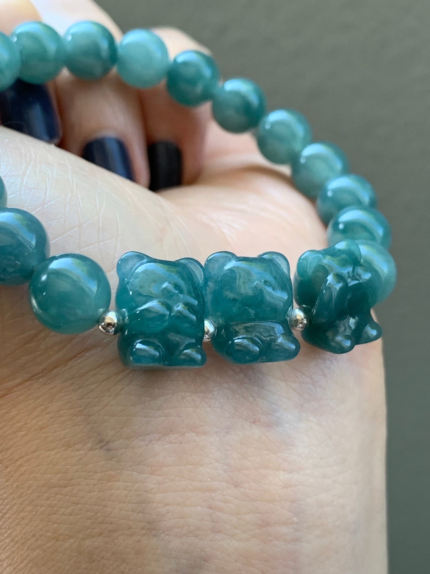 Natural Guatemalan Icy Translucent Teal Blue Jadeite Three Wise Bear Charms Beaded Bracelet Sterling Silver 8.9mm 7” 28g 天然冰危蓝绿翡翠不听不看不说小熊手串