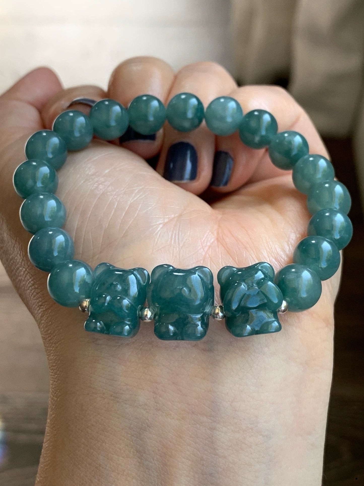 Natural Guatemalan Icy Translucent Teal Blue Jadeite Three Wise Bear Charms Beaded Bracelet Sterling Silver 8.9mm 7” 28g 天然冰危蓝绿翡翠不听不看不说小熊手串