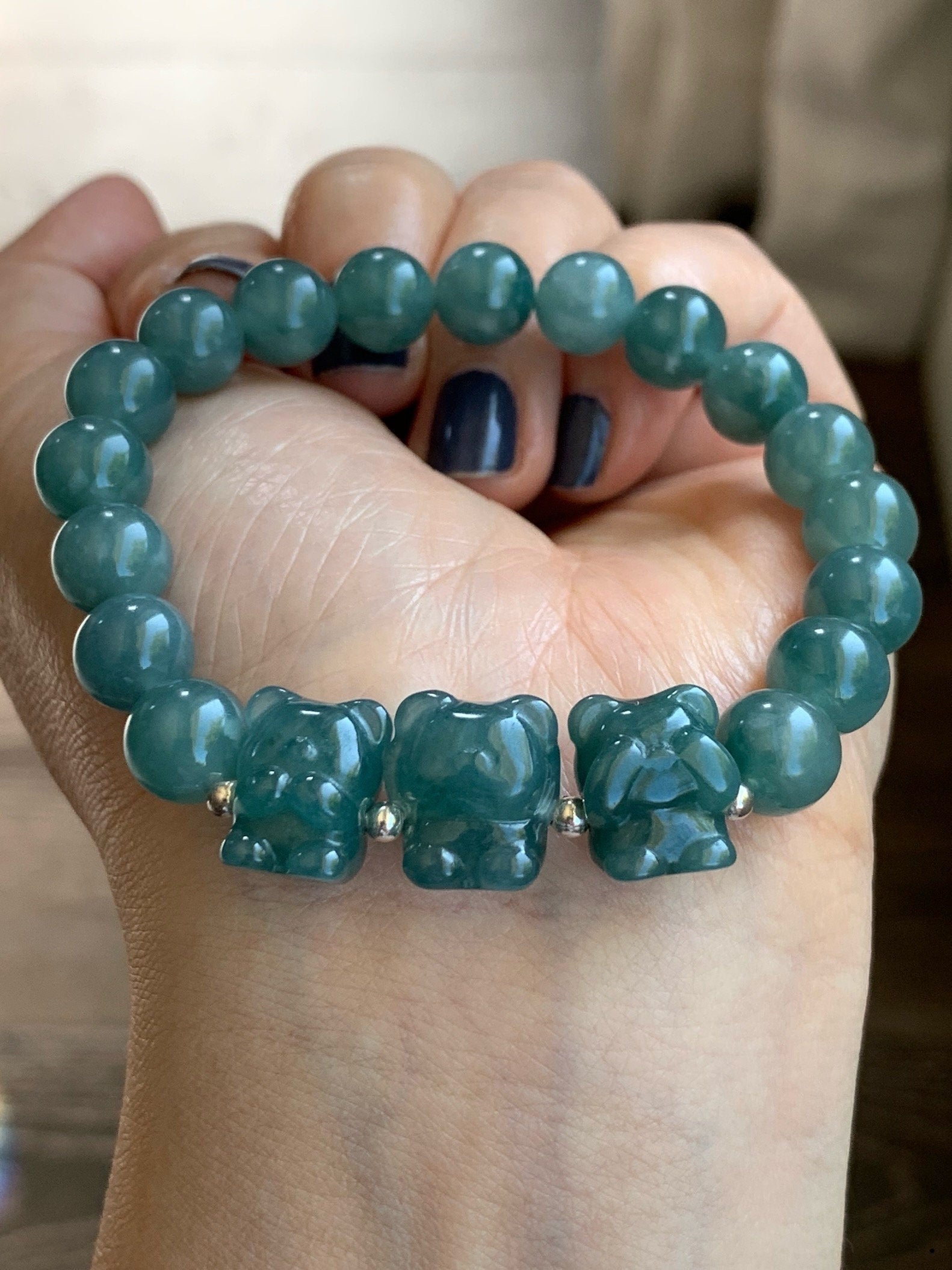 Natural Guatemalan Icy Translucent Teal Blue Jadeite Three Wise Bear Charms Beaded Bracelet Sterling Silver 8.9mm 7” 28g 天然冰危蓝绿翡翠不听不看不说小熊手串