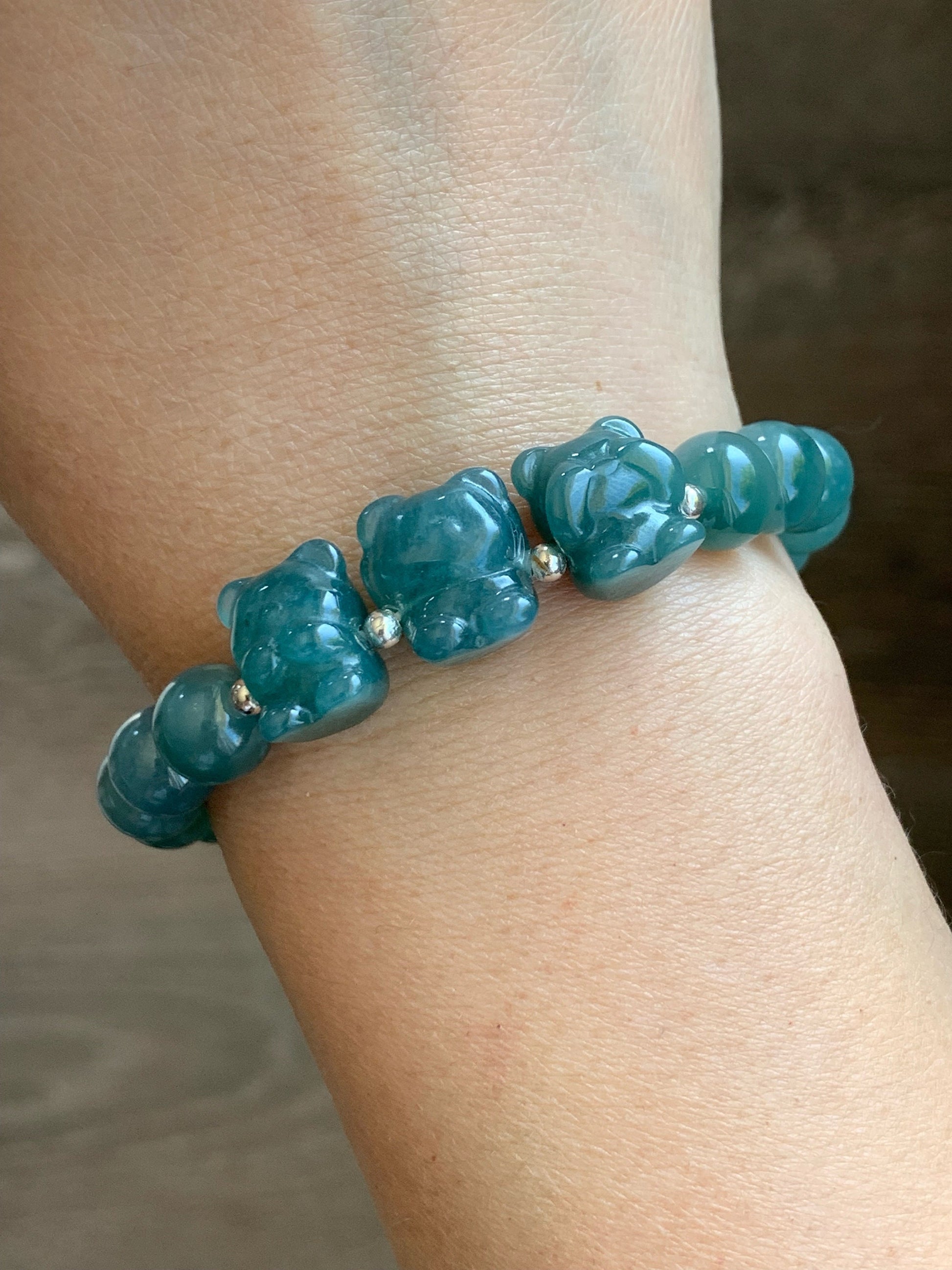 Natural Guatemalan Icy Translucent Teal Blue Jadeite Three Wise Bear Charms Beaded Bracelet Sterling Silver 8.9mm 7” 28g 天然冰危蓝绿翡翠不听不看不说小熊手串