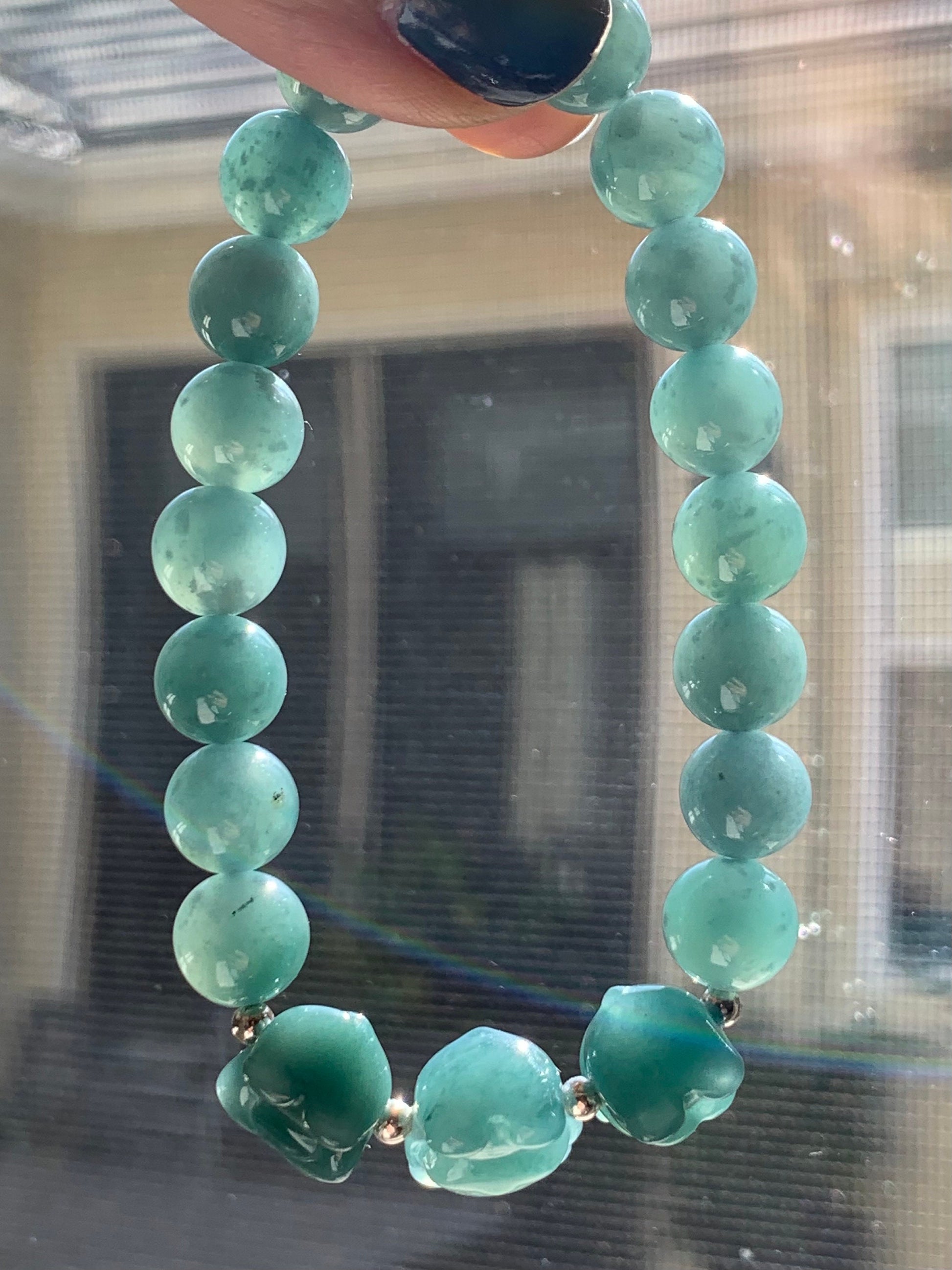 Natural Guatemalan Icy Translucent Teal Blue Jadeite Three Wise Bear Charms Beaded Bracelet Sterling Silver 8.9mm 7” 28g 天然冰危蓝绿翡翠不听不看不说小熊手串