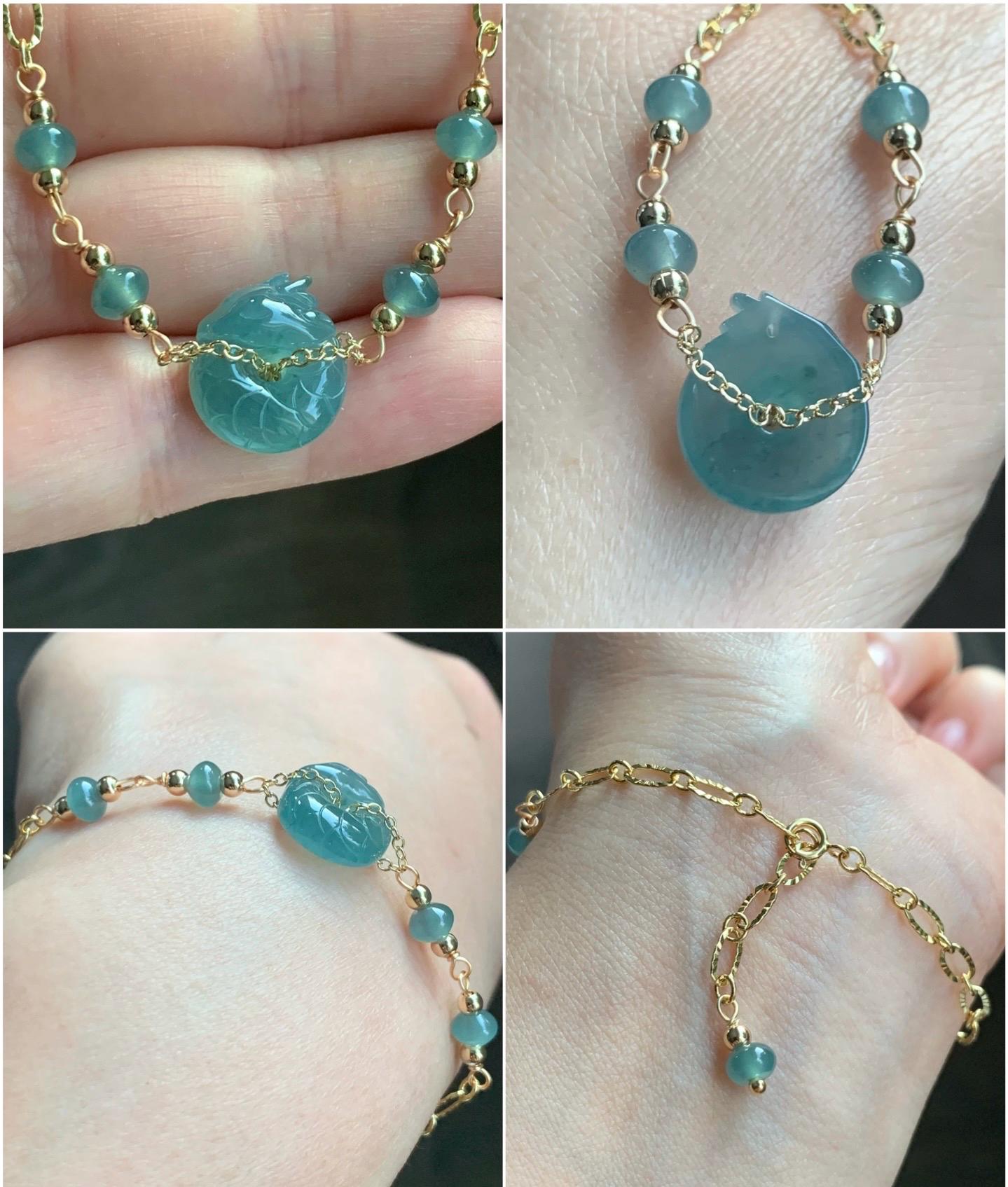 Natural Guatemalan Icy Translucent Teal Blue Jadeite Baby Dragon Ping An Kou Donut Bracelet 14K Gold Plated adjustable 天然冰危蓝翡翠龙宝宝平安扣14K包金手链