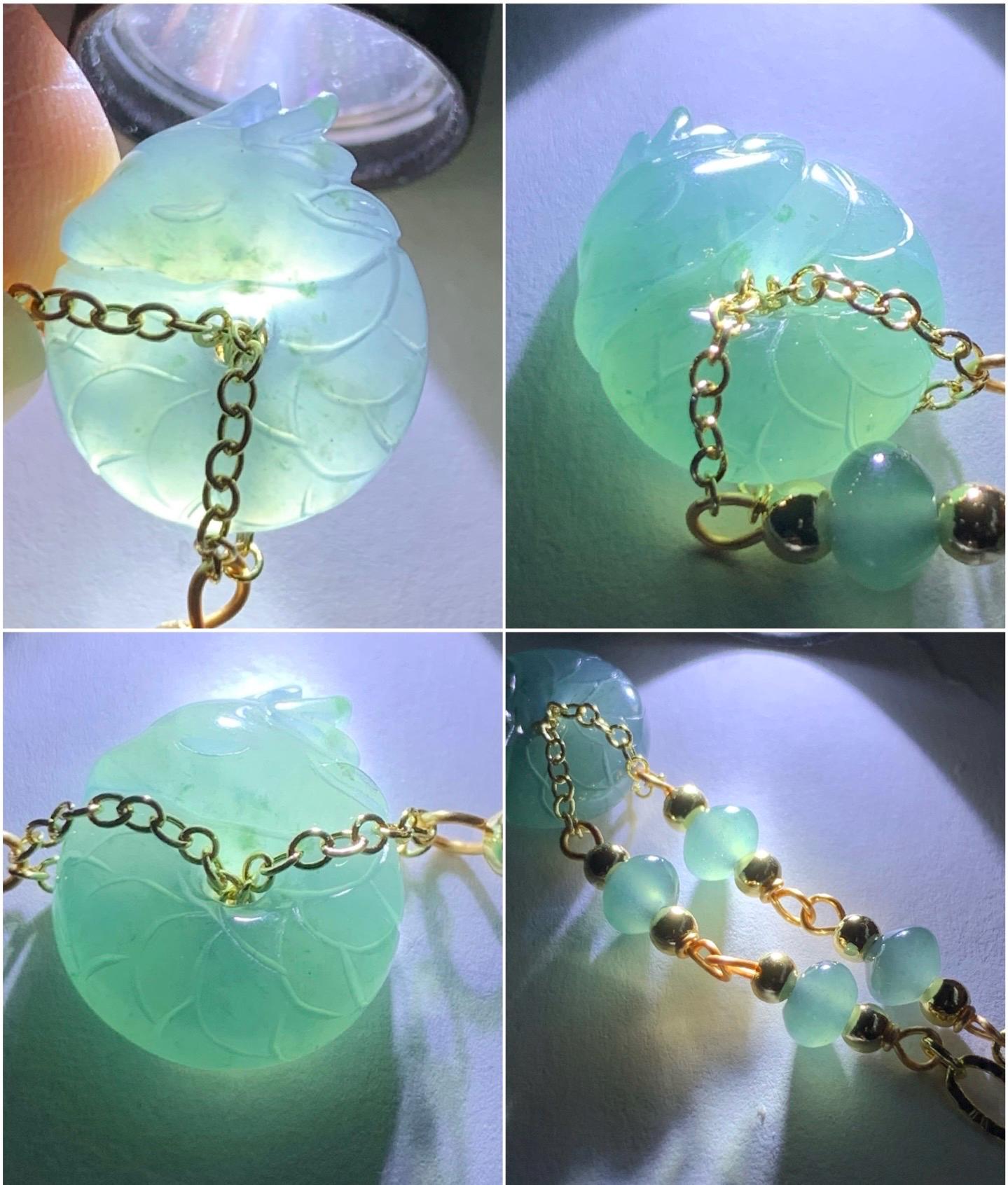 Natural Guatemalan Icy Translucent Teal Blue Jadeite Baby Dragon Ping An Kou Donut Bracelet 14K Gold Plated adjustable 天然冰危蓝翡翠龙宝宝平安扣14K包金手链