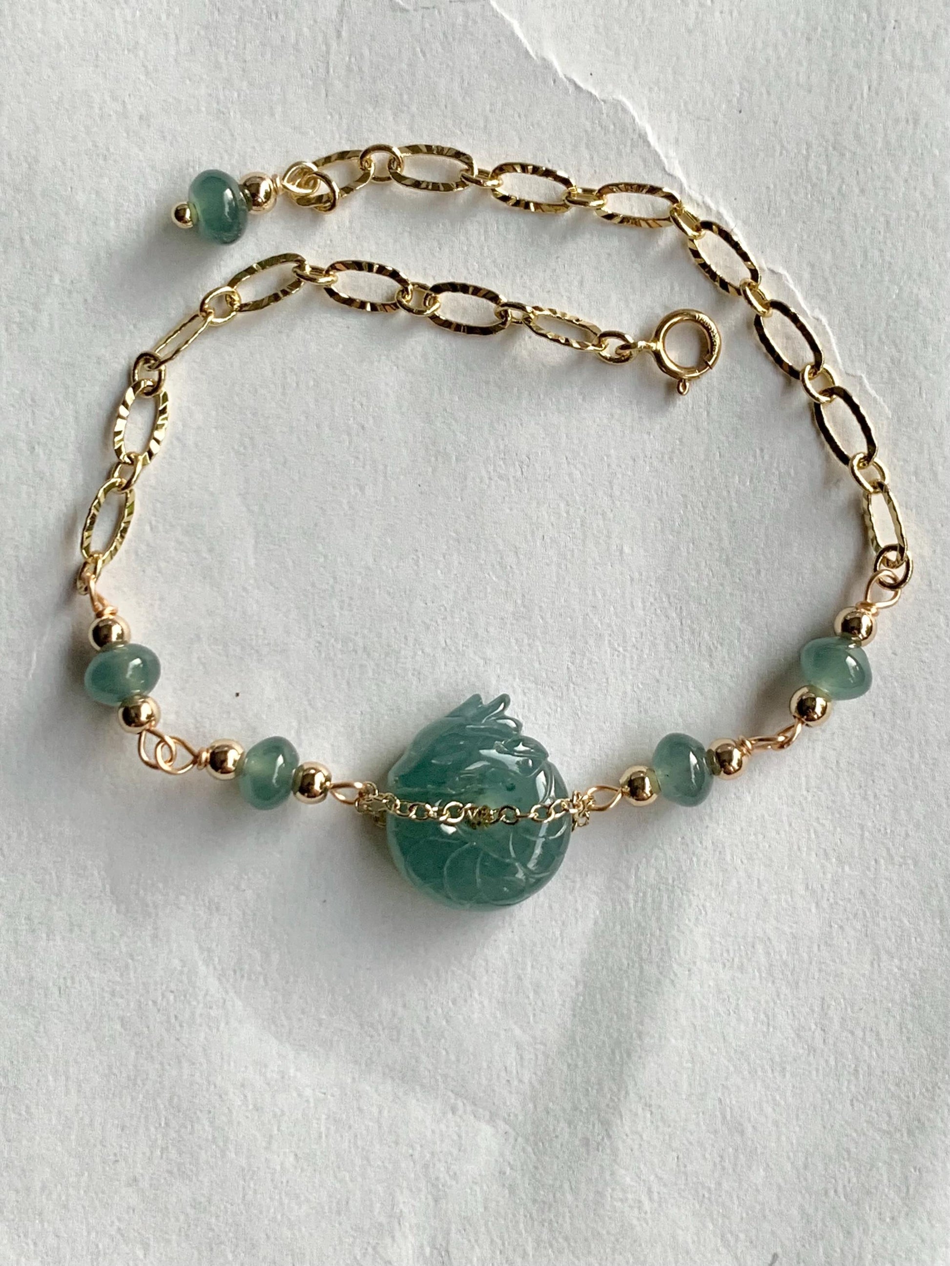 Natural Guatemalan Icy Translucent Teal Blue Jadeite Baby Dragon Ping An Kou Donut Bracelet 14K Gold Plated adjustable 天然冰危蓝翡翠龙宝宝平安扣14K包金手链