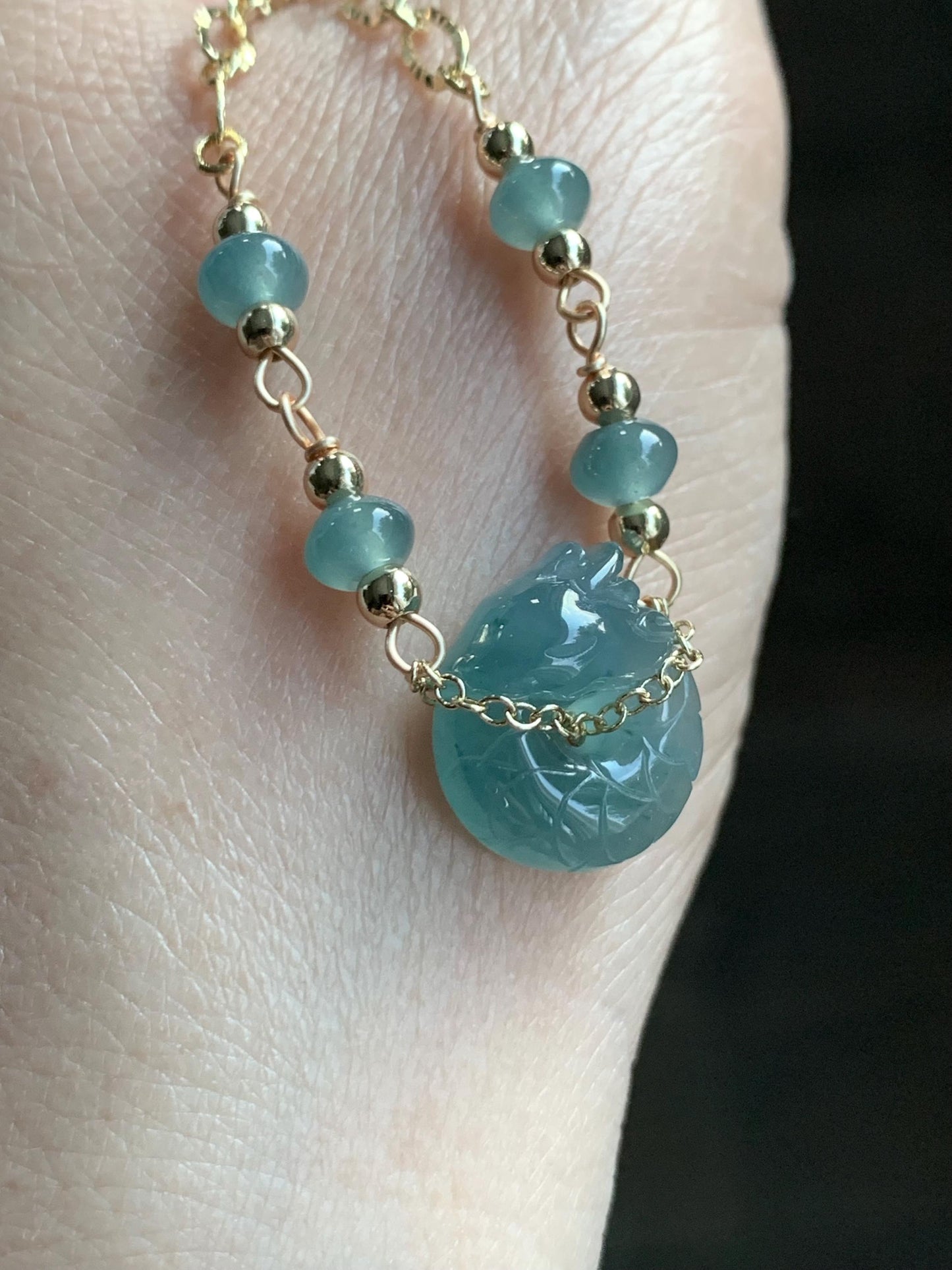 Natural Guatemalan Icy Translucent Teal Blue Jadeite Baby Dragon Ping An Kou Donut Bracelet 14K Gold Plated adjustable 天然冰危蓝翡翠龙宝宝平安扣14K包金手链