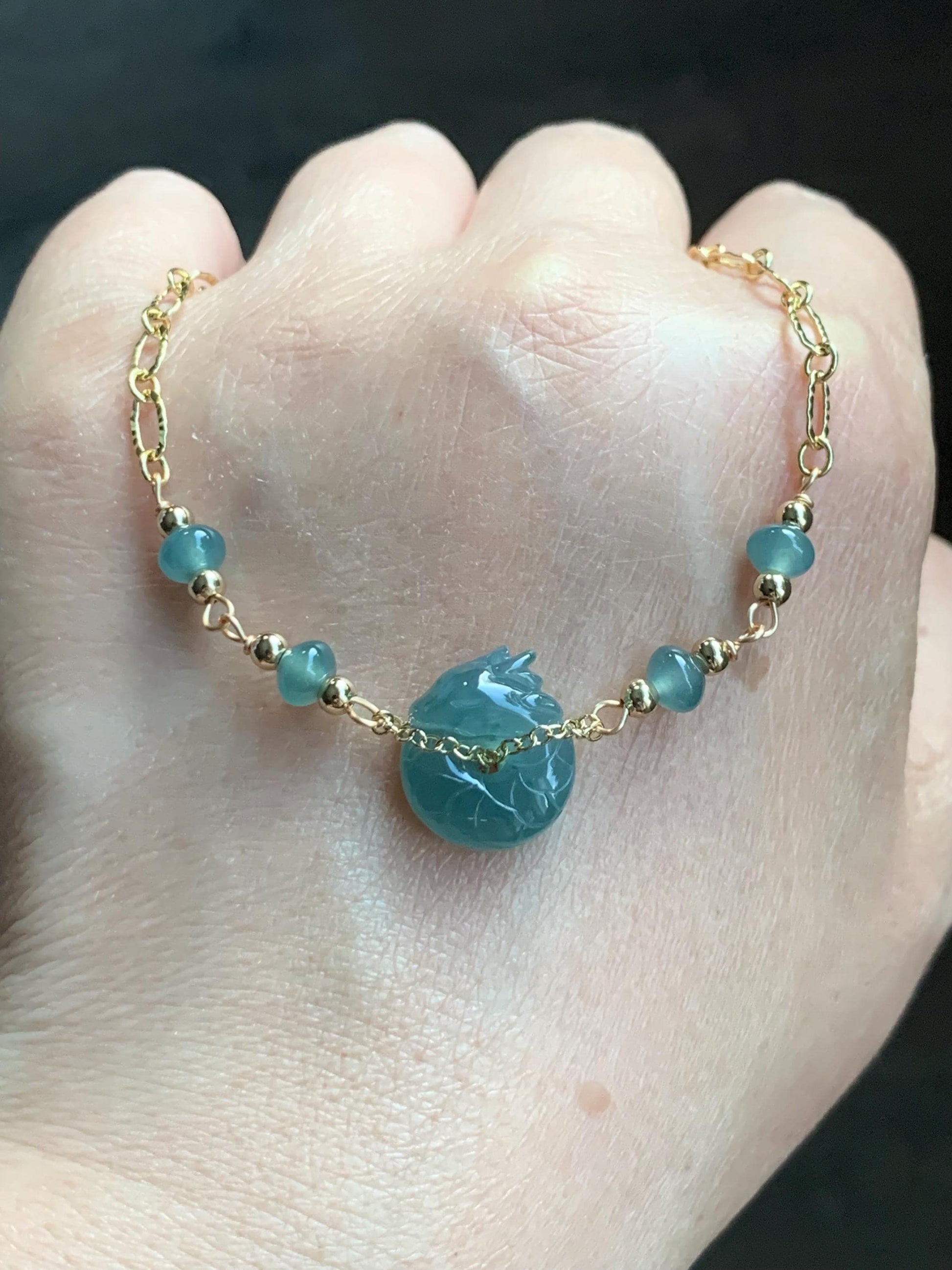 Natural Guatemalan Icy Translucent Teal Blue Jadeite Baby Dragon Ping An Kou Donut Bracelet 14K Gold Plated adjustable 天然冰危蓝翡翠龙宝宝平安扣14K包金手链