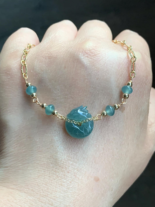 Natural Guatemalan Icy Translucent Teal Blue Jadeite Baby Dragon Ping An Kou Donut Bracelet 14K Gold Plated adjustable 天然冰危蓝翡翠龙宝宝平安扣14K包金手链