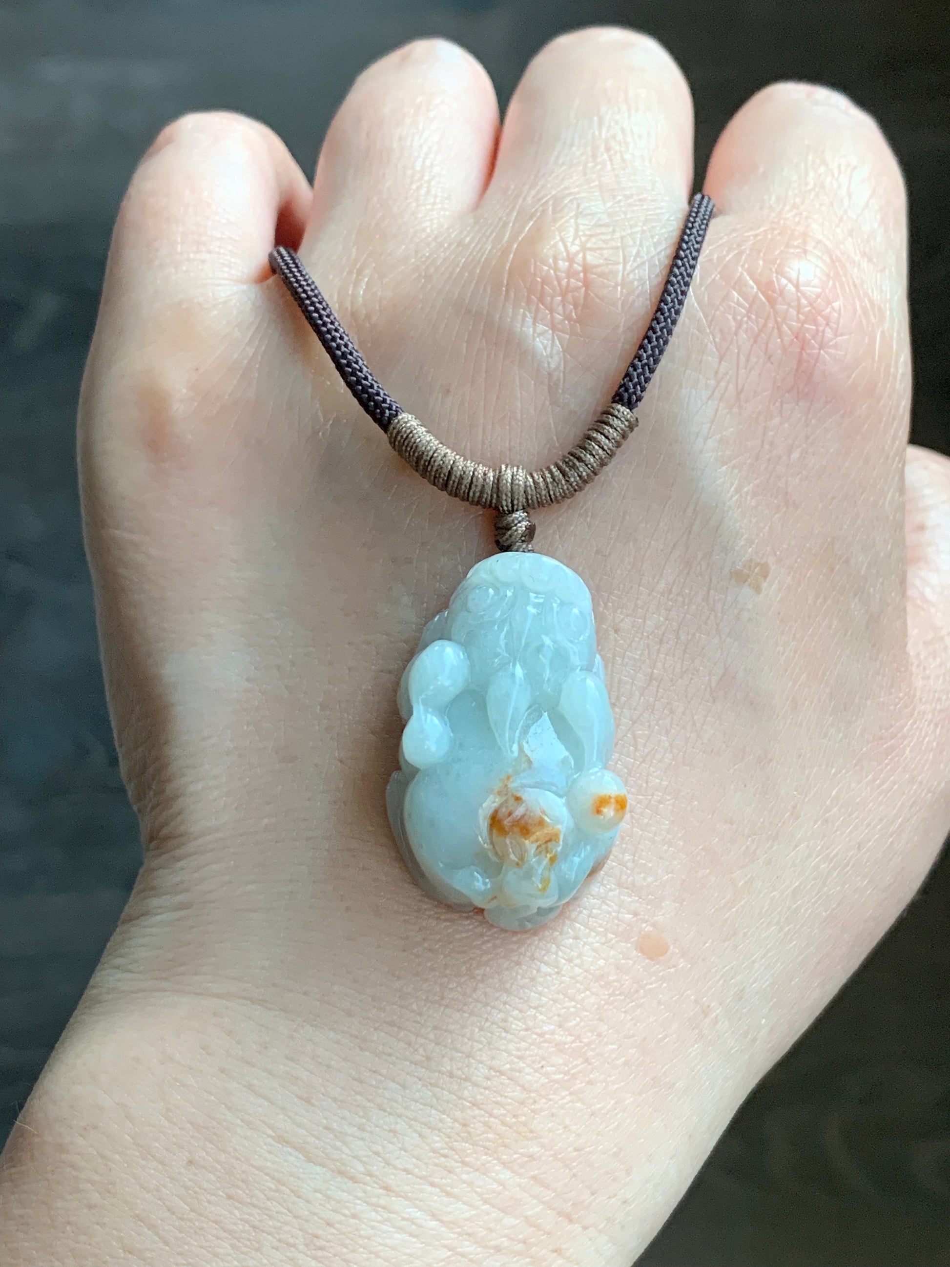 Natural Burmese Icy Translucent Golden Orange Marbled Jadeite Carved Pixiu Pendant Rope Necklace 30" 18g Adjustable 天然缅甸撒金翡翠精工貔貅吊坠