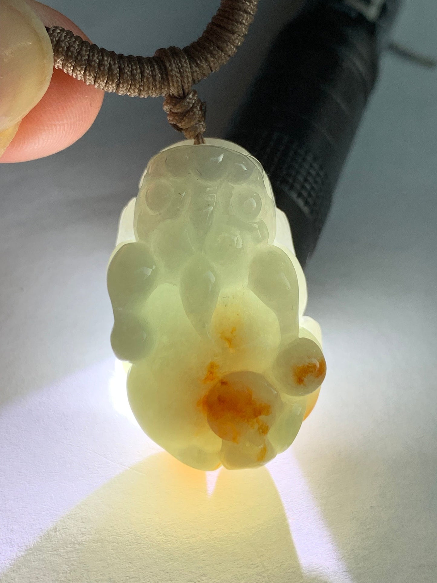 Natural Burmese Icy Translucent Golden Orange Marbled Jadeite Carved Pixiu Pendant Rope Necklace 30" 18g Adjustable 天然缅甸撒金翡翠精工貔貅吊坠