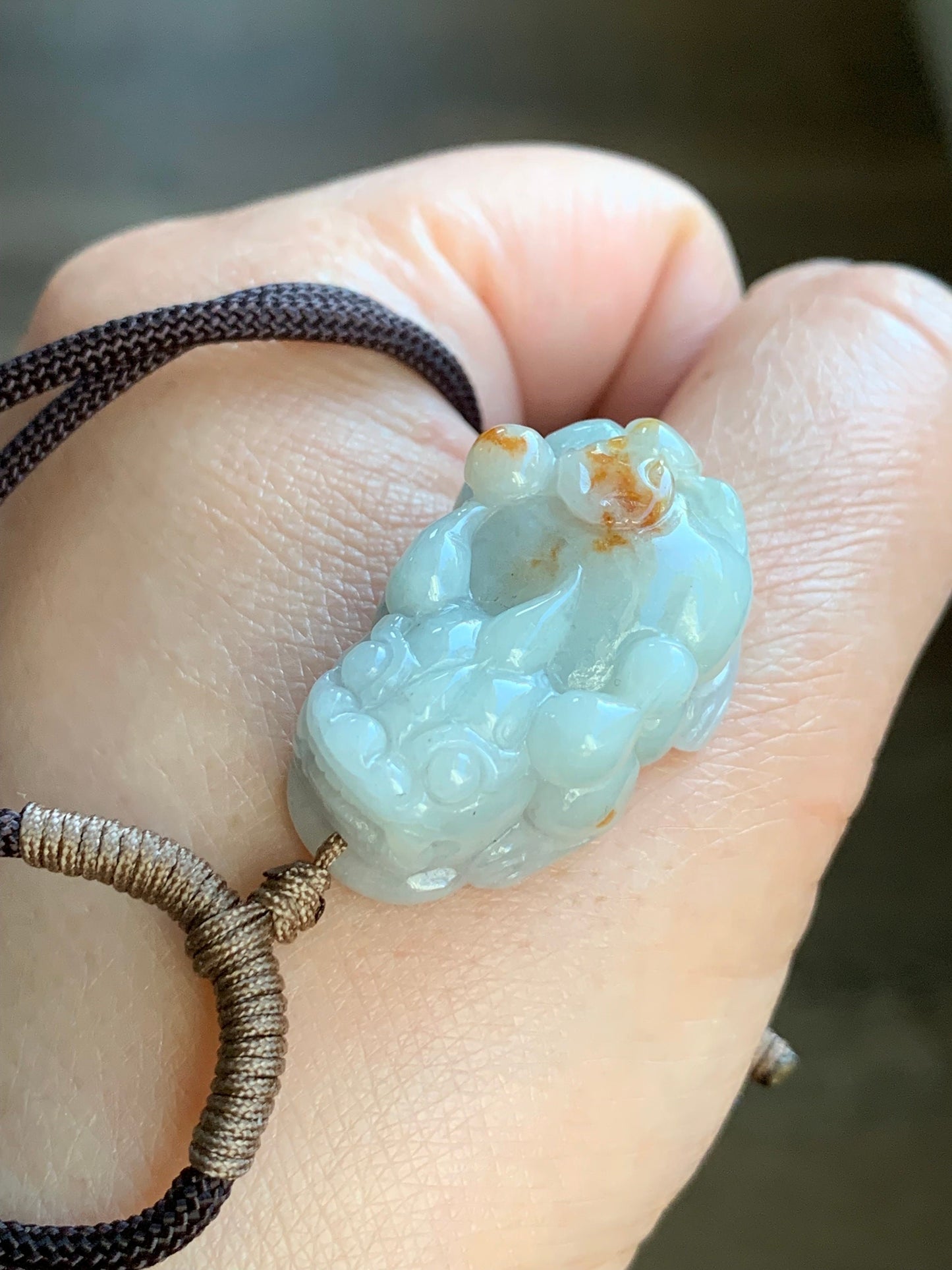 Natural Burmese Icy Translucent Golden Orange Marbled Jadeite Carved Pixiu Pendant Rope Necklace 30" 18g Adjustable 天然缅甸撒金翡翠精工貔貅吊坠