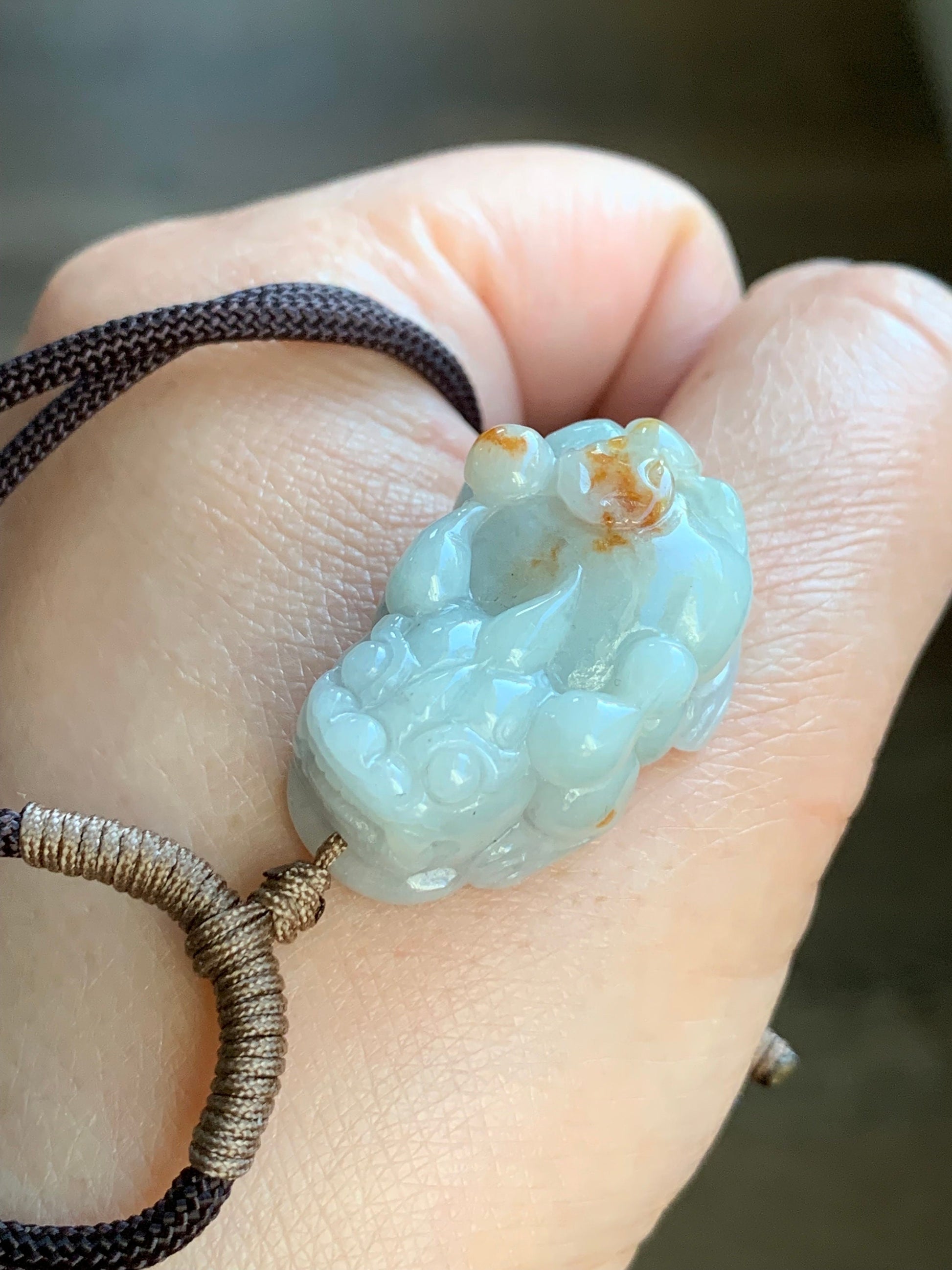 Natural Burmese Icy Translucent Golden Orange Marbled Jadeite Carved Pixiu Pendant Rope Necklace 30" 18g Adjustable 天然缅甸撒金翡翠精工貔貅吊坠