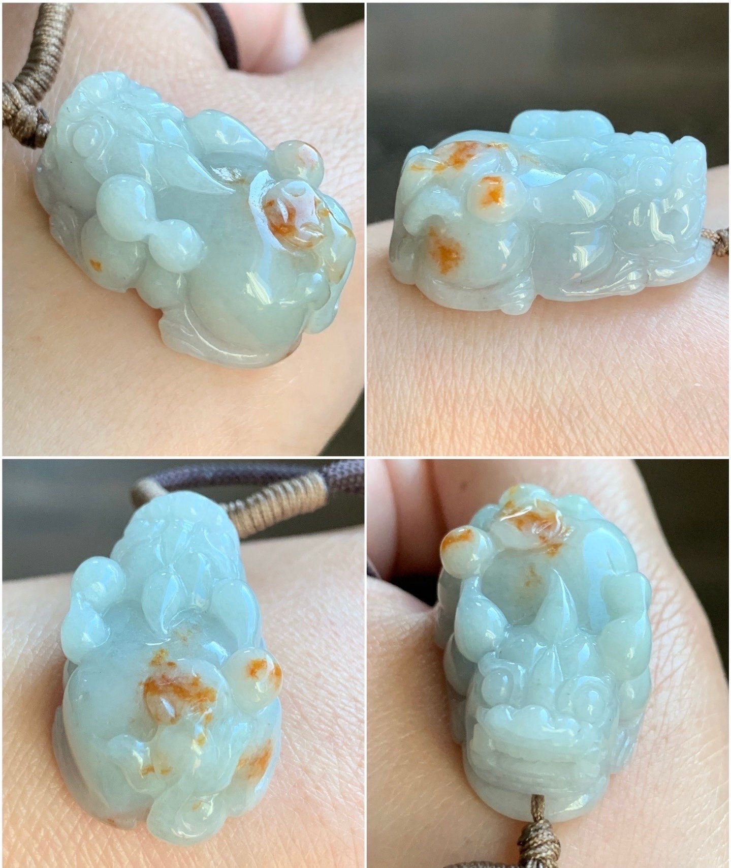 Natural Burmese Icy Translucent Golden Orange Marbled Jadeite Carved Pixiu Pendant Rope Necklace 30" 18g Adjustable 天然缅甸撒金翡翠精工貔貅吊坠