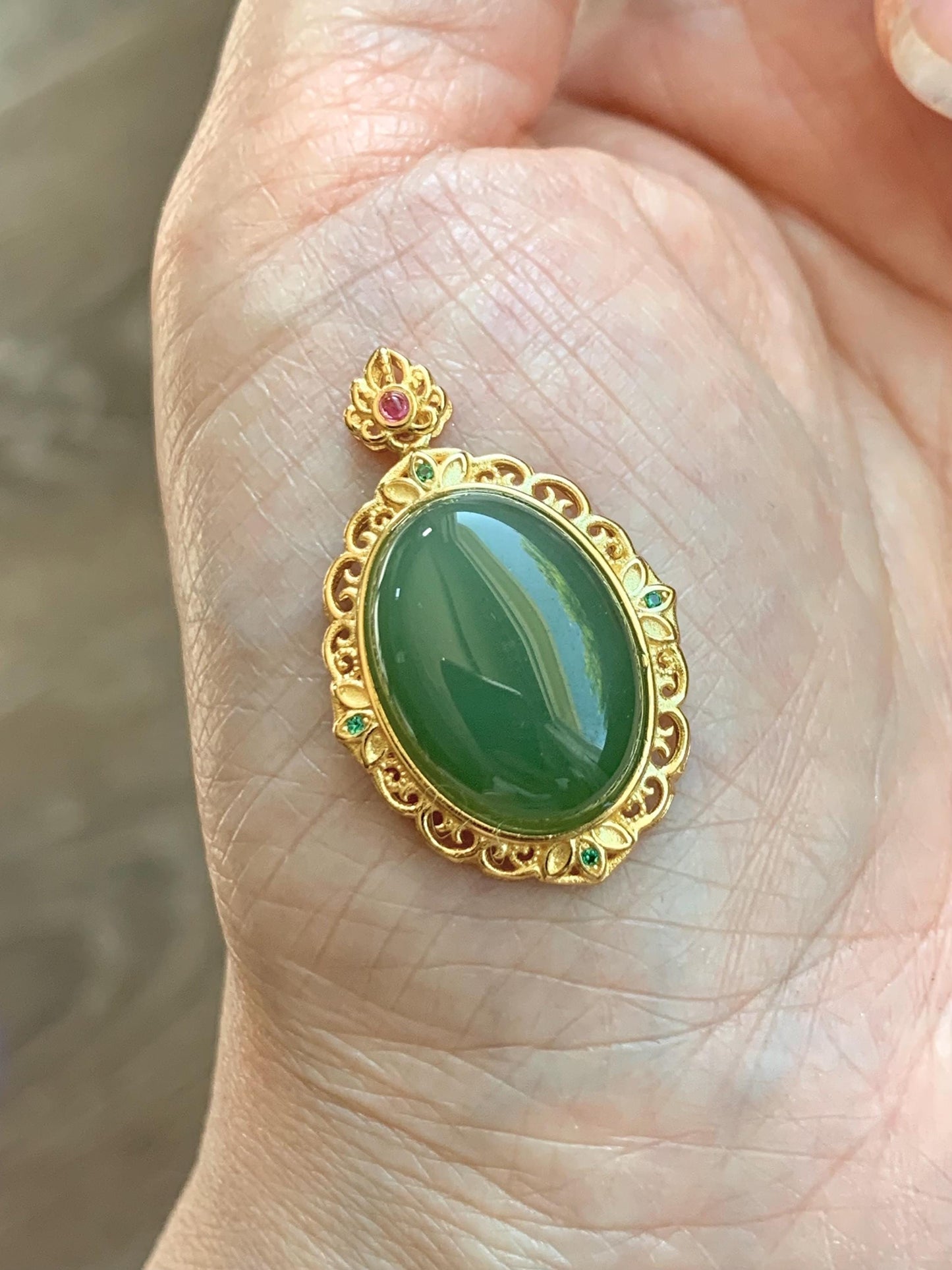 Natural Dark Spinach Green Nephrite Hetian Jade Oval Cabochon Pendant S925 Sterling Silver Yellow Gold Overlay 4g 天然和田玉碧玉吊坠银镶 B