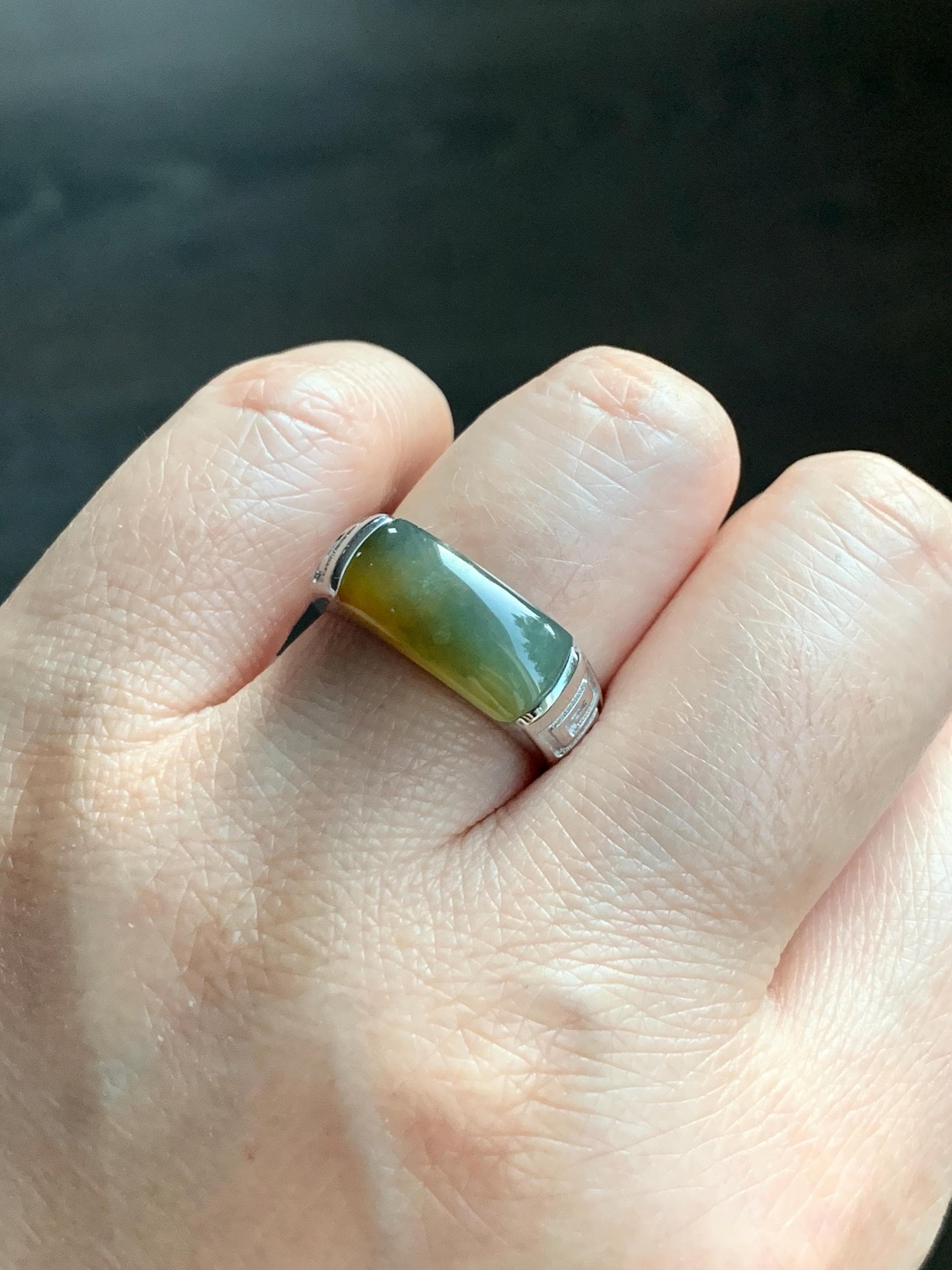 Certified Natural Guatemalan Dark Teal Blue & Yellow Marbled Jadeite Saddle Band Ring Size 7.25 Sterling Silver 8.48g 天然冰胶危蓝加黄翡翠马鞍银镶戒指 1462