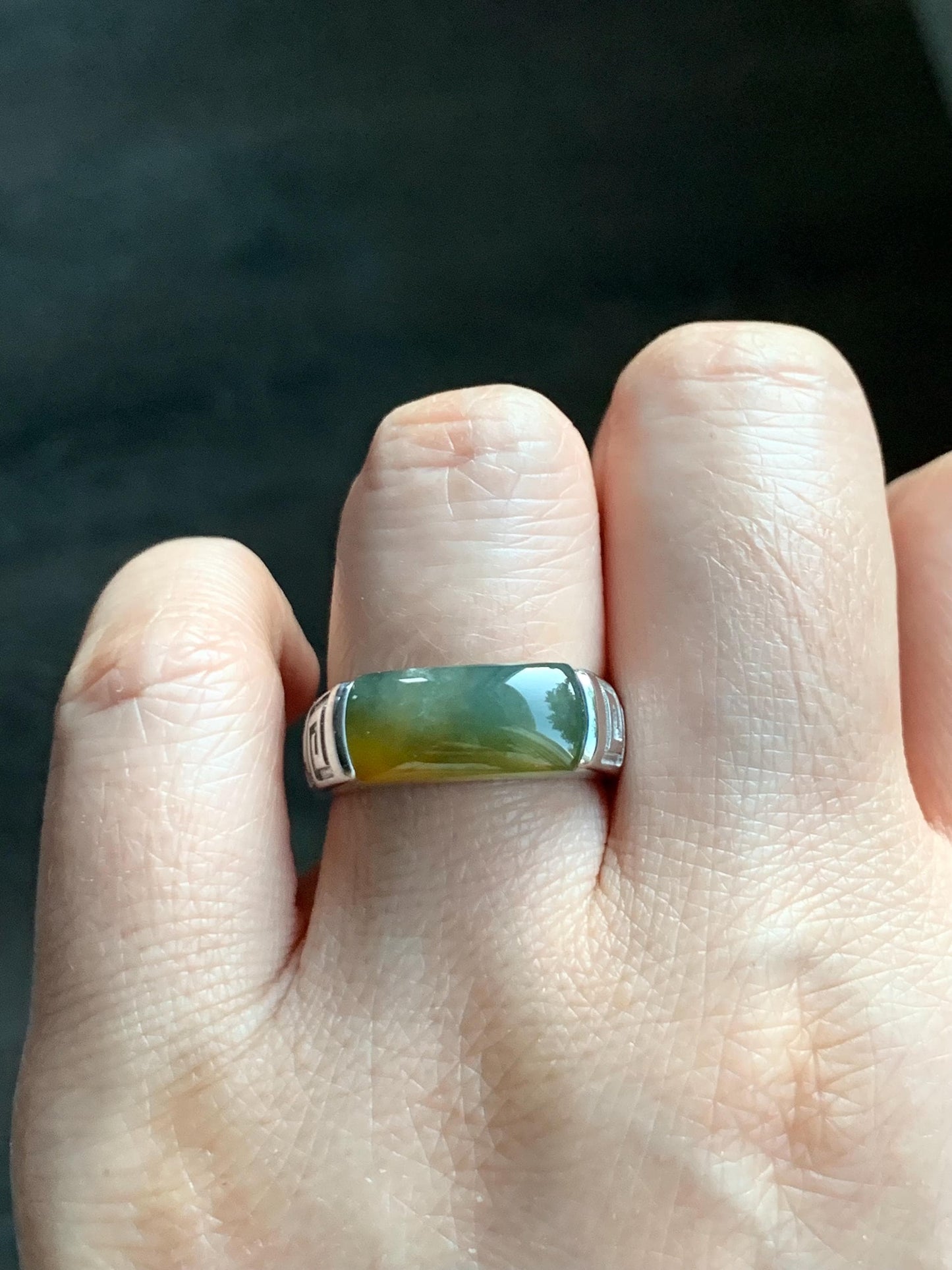 Certified Natural Guatemalan Dark Teal Blue & Yellow Marbled Jadeite Saddle Band Ring Size 7.25 Sterling Silver 8.48g 天然冰胶危蓝加黄翡翠马鞍银镶戒指 1462
