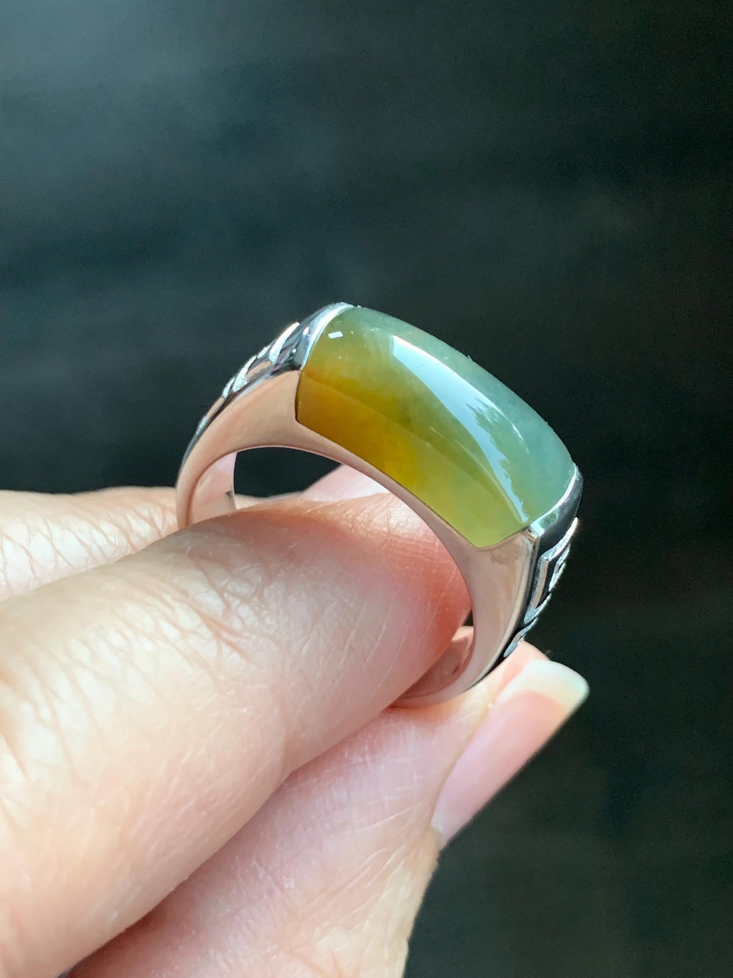 Certified Natural Guatemalan Dark Teal Blue & Yellow Marbled Jadeite Saddle Band Ring Size 7.25 Sterling Silver 8.48g 天然冰胶危蓝加黄翡翠马鞍银镶戒指 1462