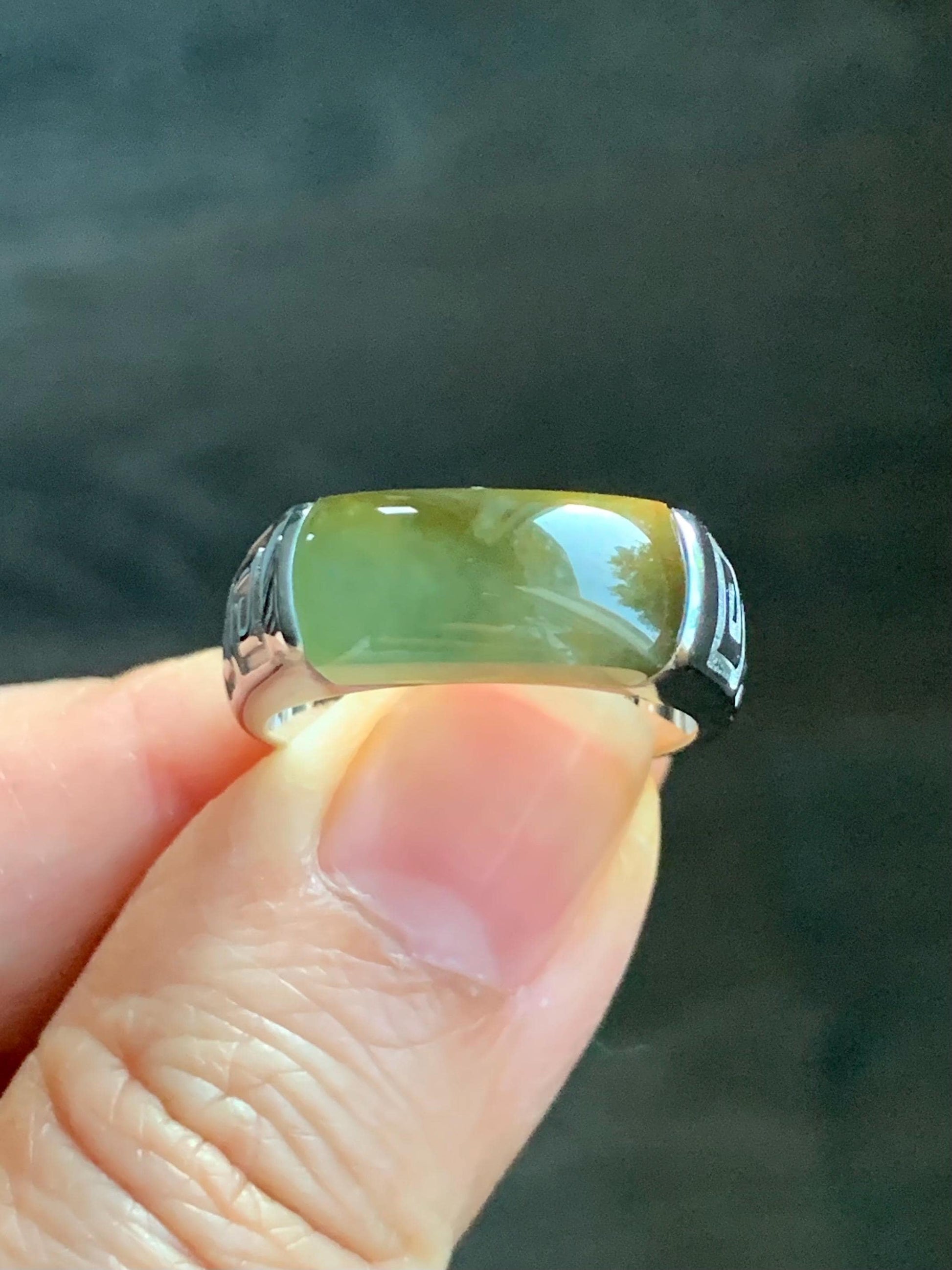 Certified Natural Guatemalan Dark Teal Blue & Yellow Marbled Jadeite Saddle Band Ring Size 7.25 Sterling Silver 8.48g 天然冰胶危蓝加黄翡翠马鞍银镶戒指 1462