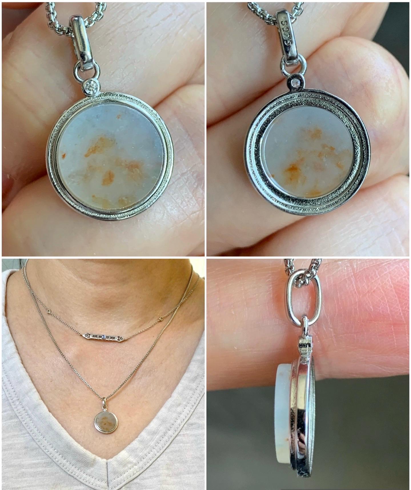 Petite Natural Burmese Icy Translation Light Blue Golden Marbled Jadeite Round Wu Shi Pai Pendant Sterling Silver 天然缅甸蓝底撒金翡翠小无事牌银镶吊坠