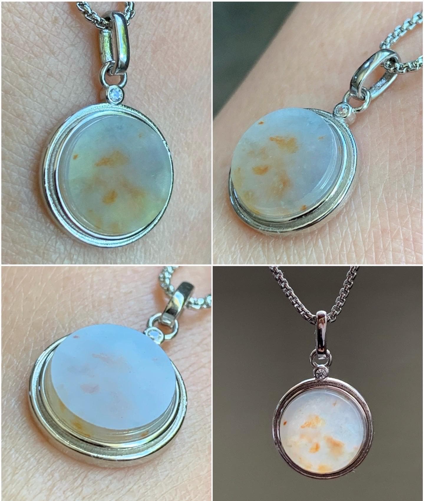Petite Natural Burmese Icy Translation Light Blue Golden Marbled Jadeite Round Wu Shi Pai Pendant Sterling Silver 天然缅甸蓝底撒金翡翠小无事牌银镶吊坠