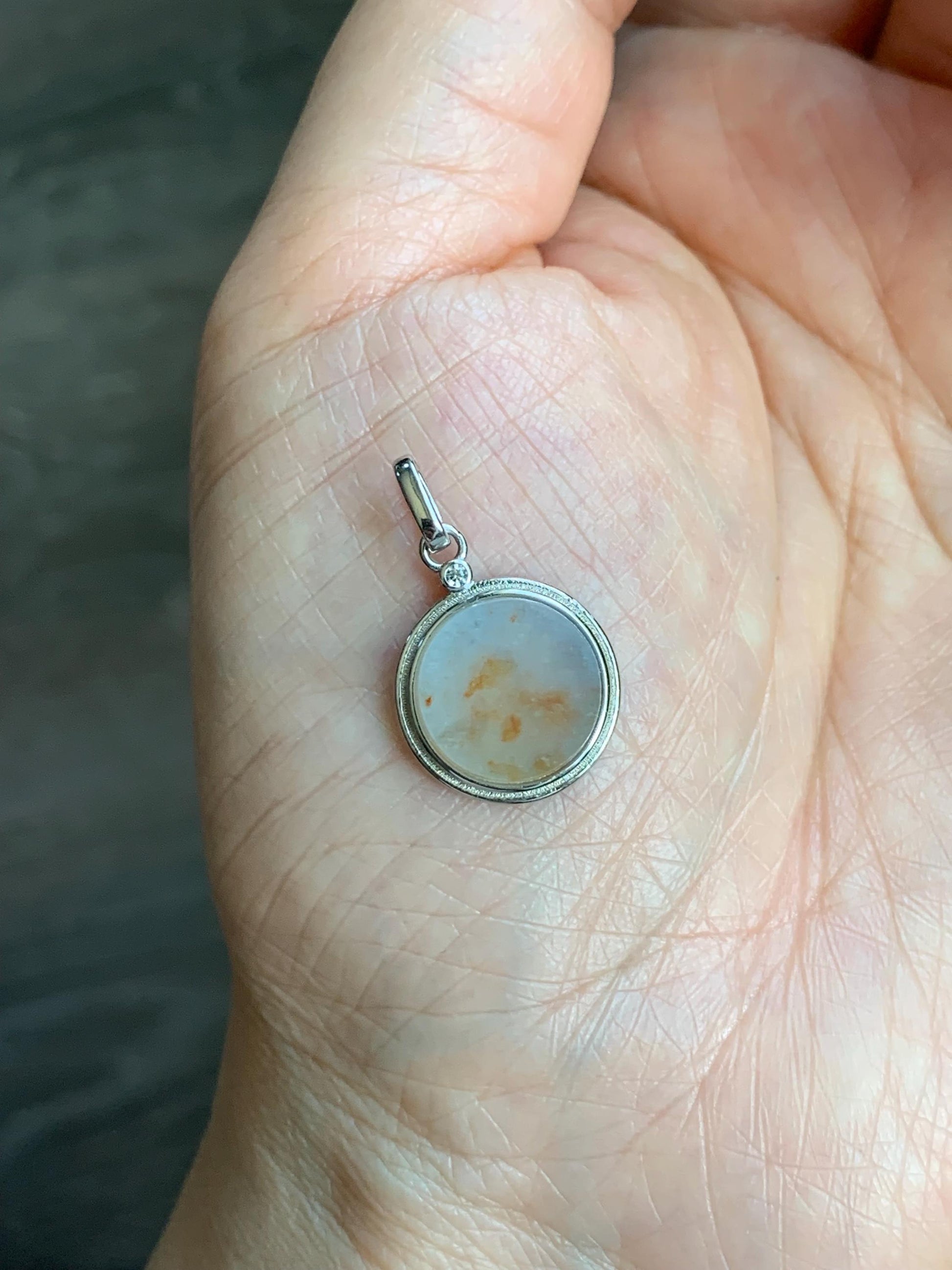 Petite Natural Burmese Icy Translation Light Blue Golden Marbled Jadeite Round Wu Shi Pai Pendant Sterling Silver 天然缅甸蓝底撒金翡翠小无事牌银镶吊坠
