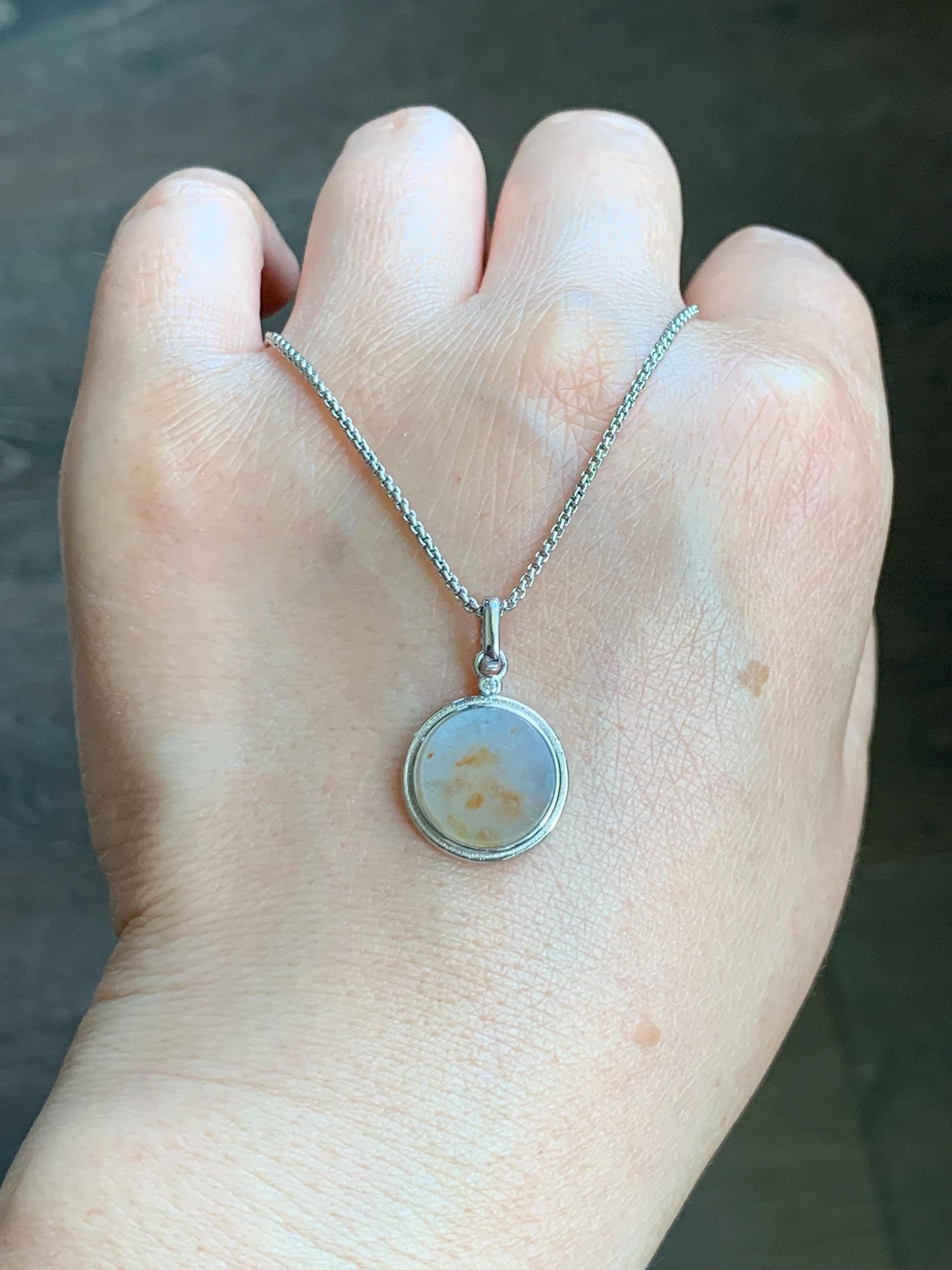 Petite Natural Burmese Icy Translation Light Blue Golden Marbled Jadeite Round Wu Shi Pai Pendant Sterling Silver 天然缅甸蓝底撒金翡翠小无事牌银镶吊坠
