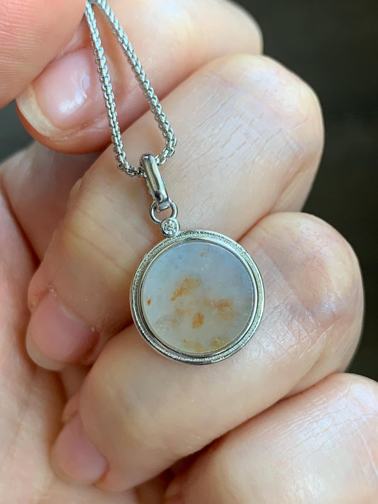 Petite Natural Burmese Icy Translation Light Blue Golden Marbled Jadeite Round Wu Shi Pai Pendant Sterling Silver 天然缅甸蓝底撒金翡翠小无事牌银镶吊坠