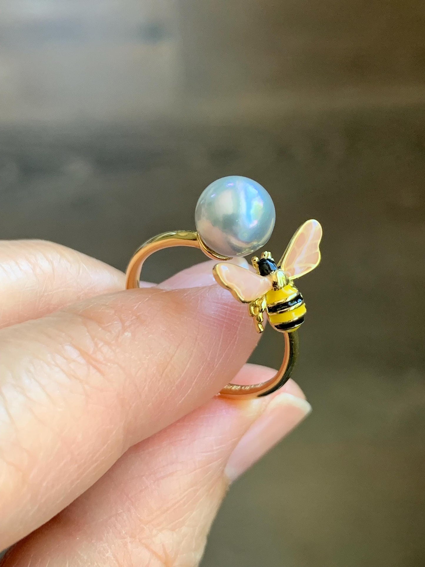 Natural Genuine Saltwater Silver Gray Pearl Round 925 Sterling Silver Ring Yellow Gold Overlay Adjustable 7.4mm 天然海水奶奶灰圆珍珠银托戒指 NNH512-4C