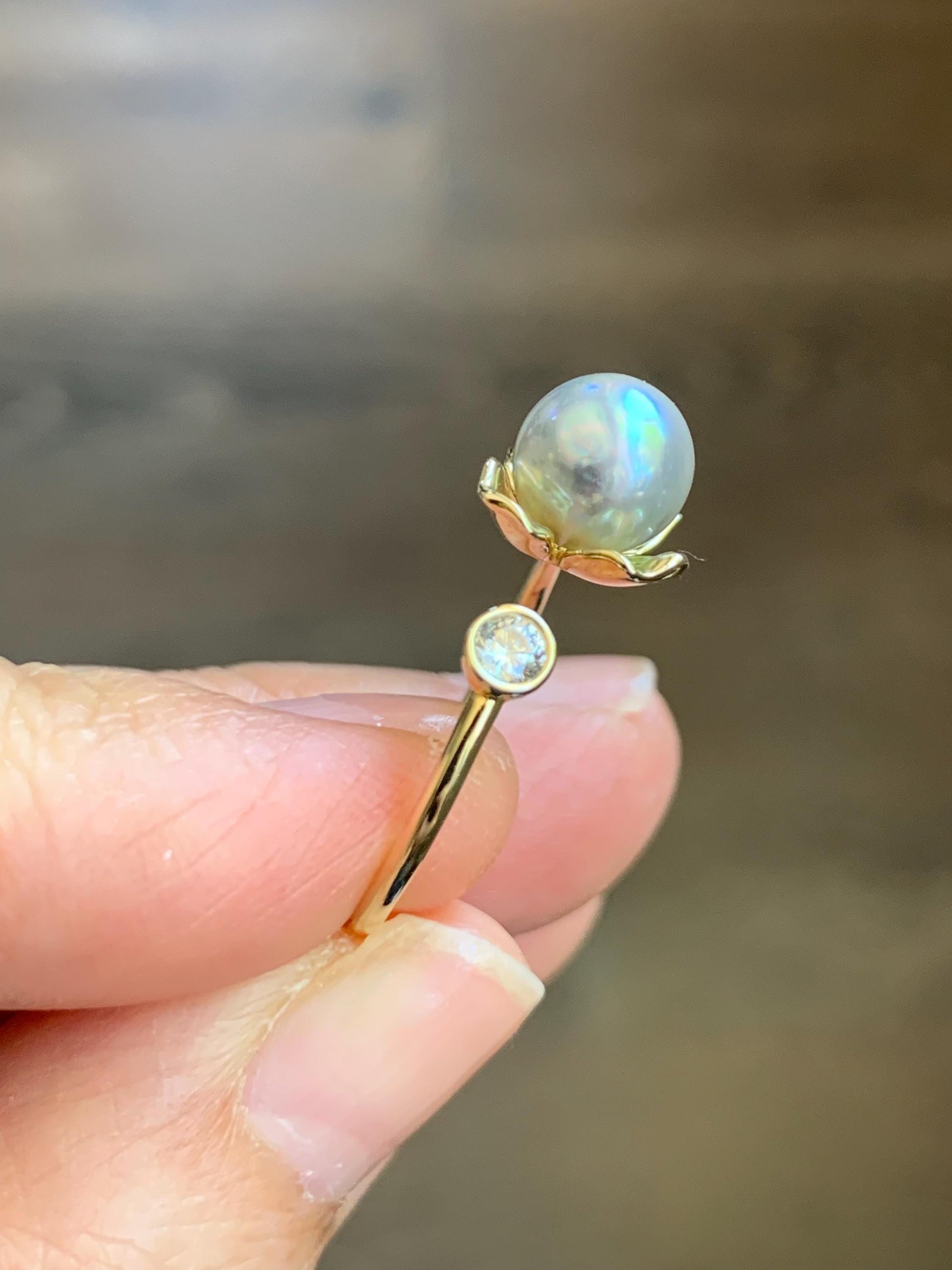Natural Genuine Saltwater Silver Gray Pearl Round 925 Sterling Silver Ring Yellow Gold Overlay Adjustable 7.3mm 天然海水奶奶灰圆珍珠银托戒指 NNH512-4B