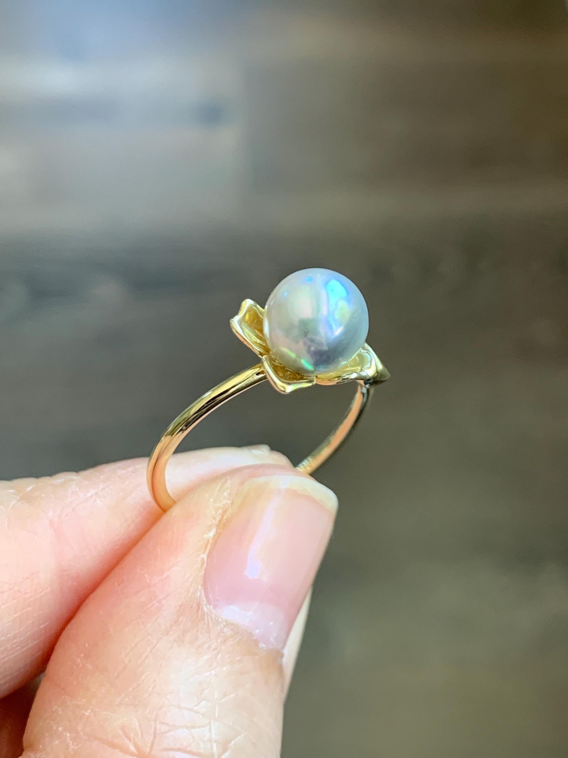 Natural Genuine Saltwater Silver Gray Pearl Round 925 Sterling Silver Ring Yellow Gold Overlay Adjustable 7.3mm 天然海水奶奶灰圆珍珠银托戒指 NNH512-4B