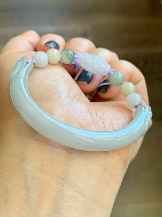 Natural Burmese Icy Translucent Light Purple Jadeite Half Bangle Bracelet w/ Beaded Security Chain 50.9mm 6.25" 25g 天然冰糯淡紫翡翠半镯手串