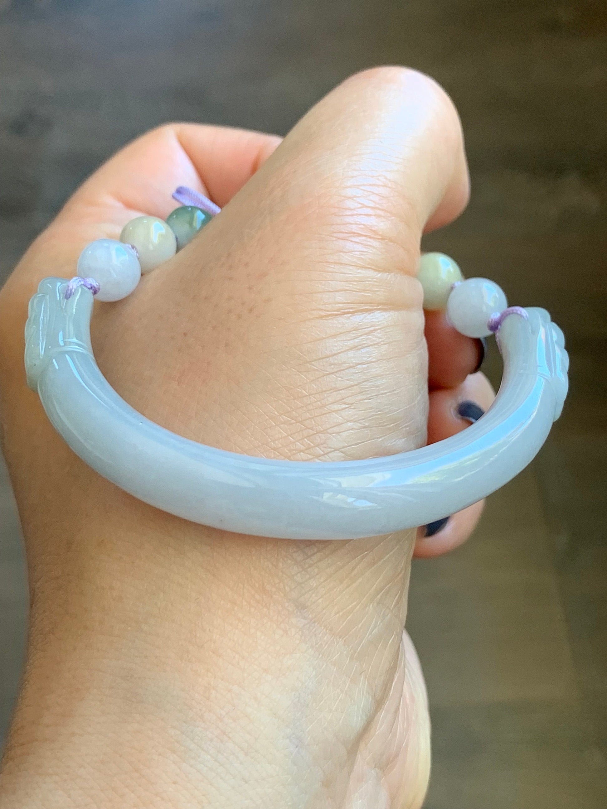 Natural Burmese Icy Translucent Light Purple Jadeite Half Bangle Bracelet w/ Beaded Security Chain 50.9mm 6.25" 25g 天然冰糯淡紫翡翠半镯手串