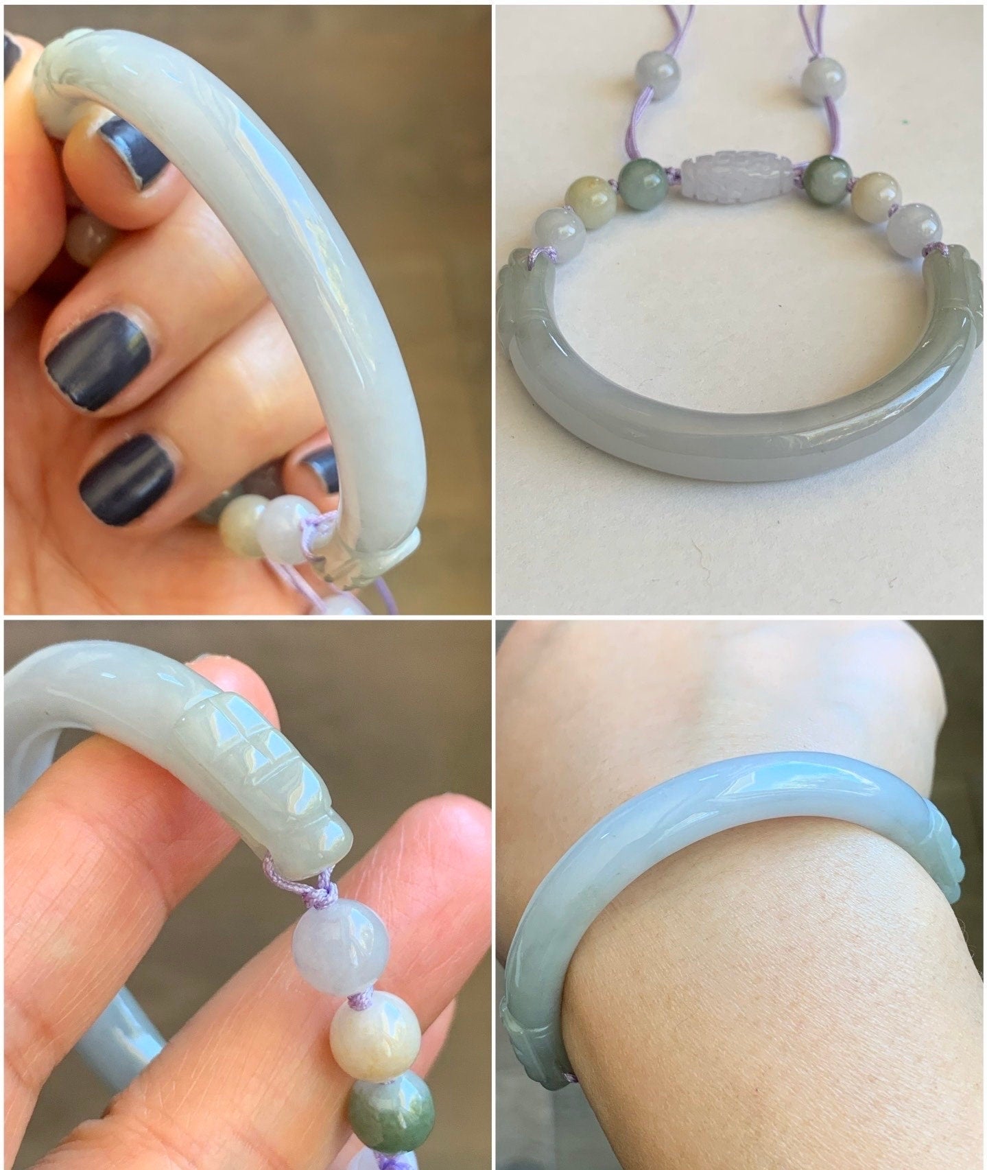 Natural Burmese Icy Translucent Light Purple Jadeite Half Bangle Bracelet w/ Beaded Security Chain 50.9mm 6.25" 25g 天然冰糯淡紫翡翠半镯手串