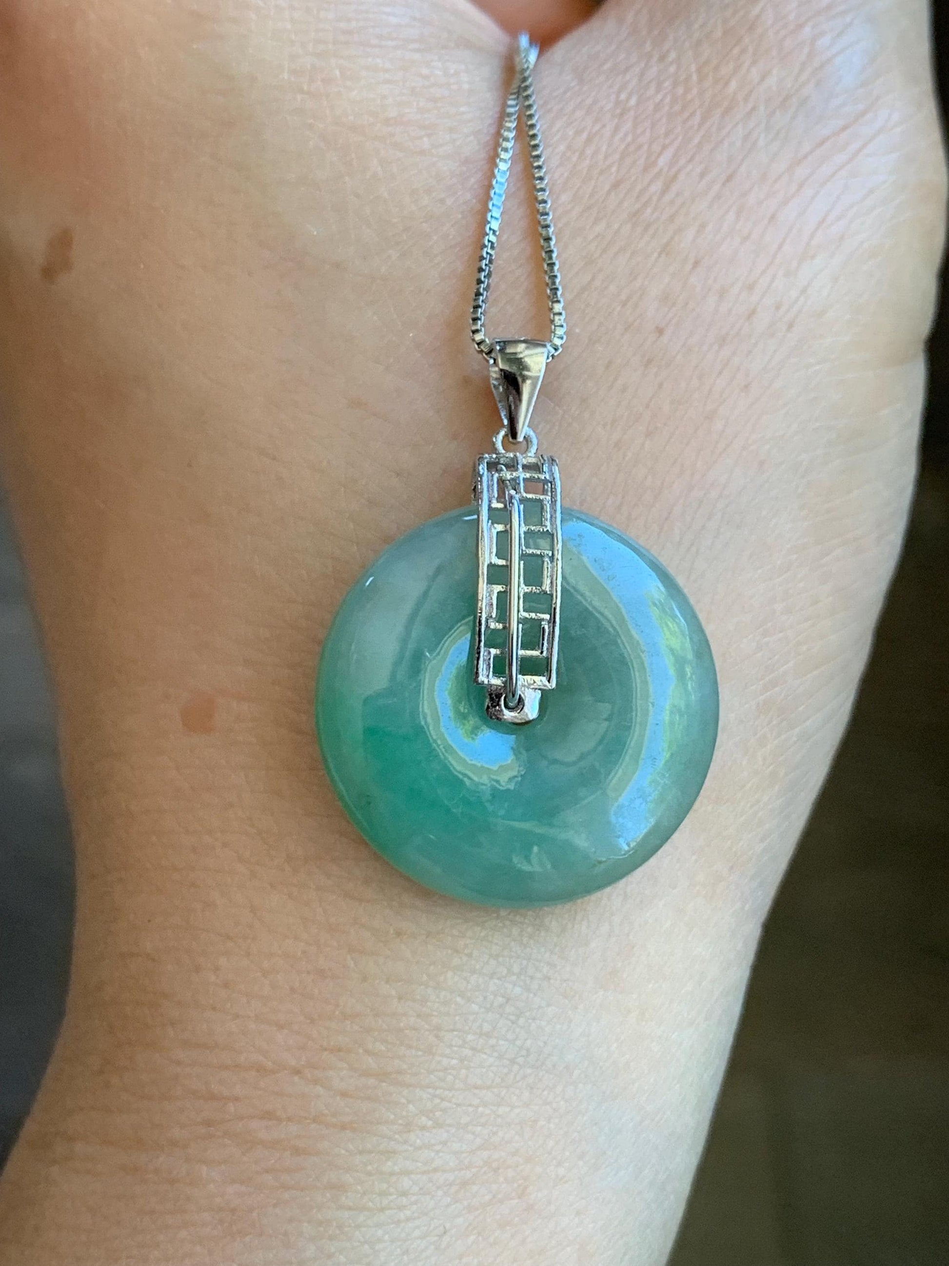 Natural Burmese Icy Translucent Bright Green Marbled Jadeite Ping An Kou Donut Pendant S925 Sterling Silver 天然缅甸绿飘花翡翠平安扣吊坠 B