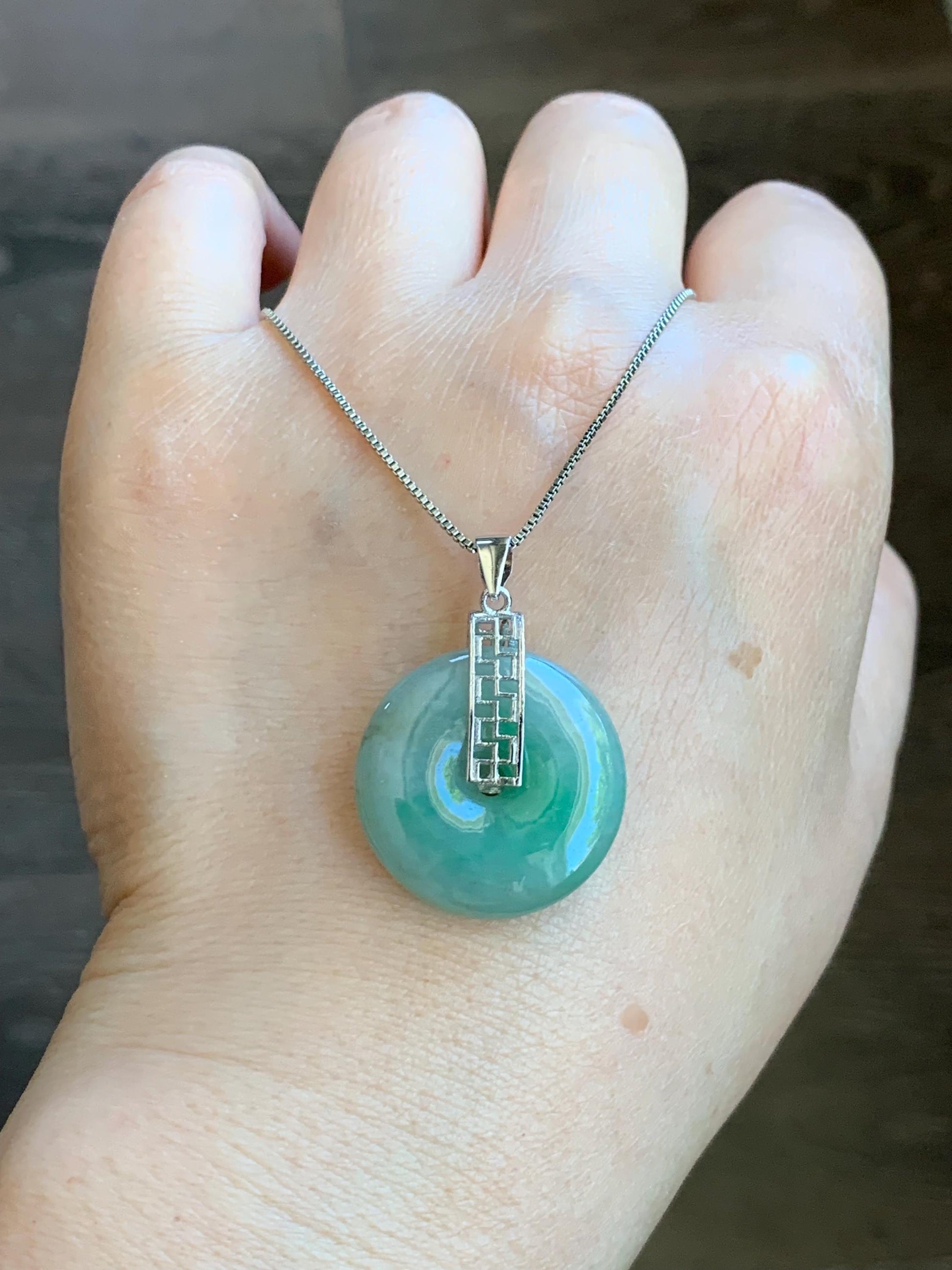Natural Burmese Icy Translucent Bright Green Marbled Jadeite Ping An Kou Donut Pendant S925 Sterling Silver 天然缅甸绿飘花翡翠平安扣吊坠 B