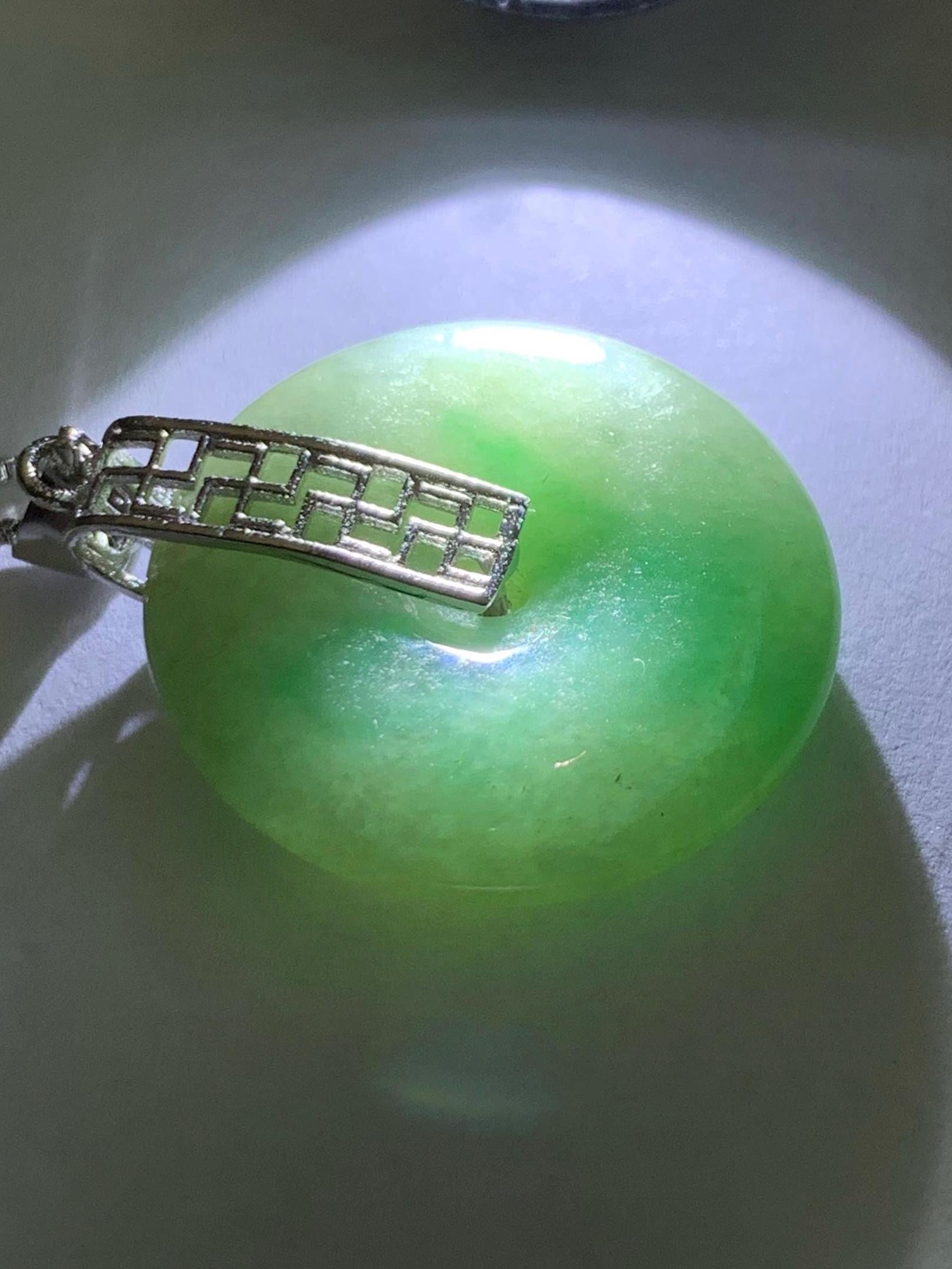 Natural Burmese Icy Translucent Bright Green Marbled Jadeite Ping An Kou Donut Pendant S925 Sterling Silver 天然缅甸绿飘花翡翠平安扣吊坠 B