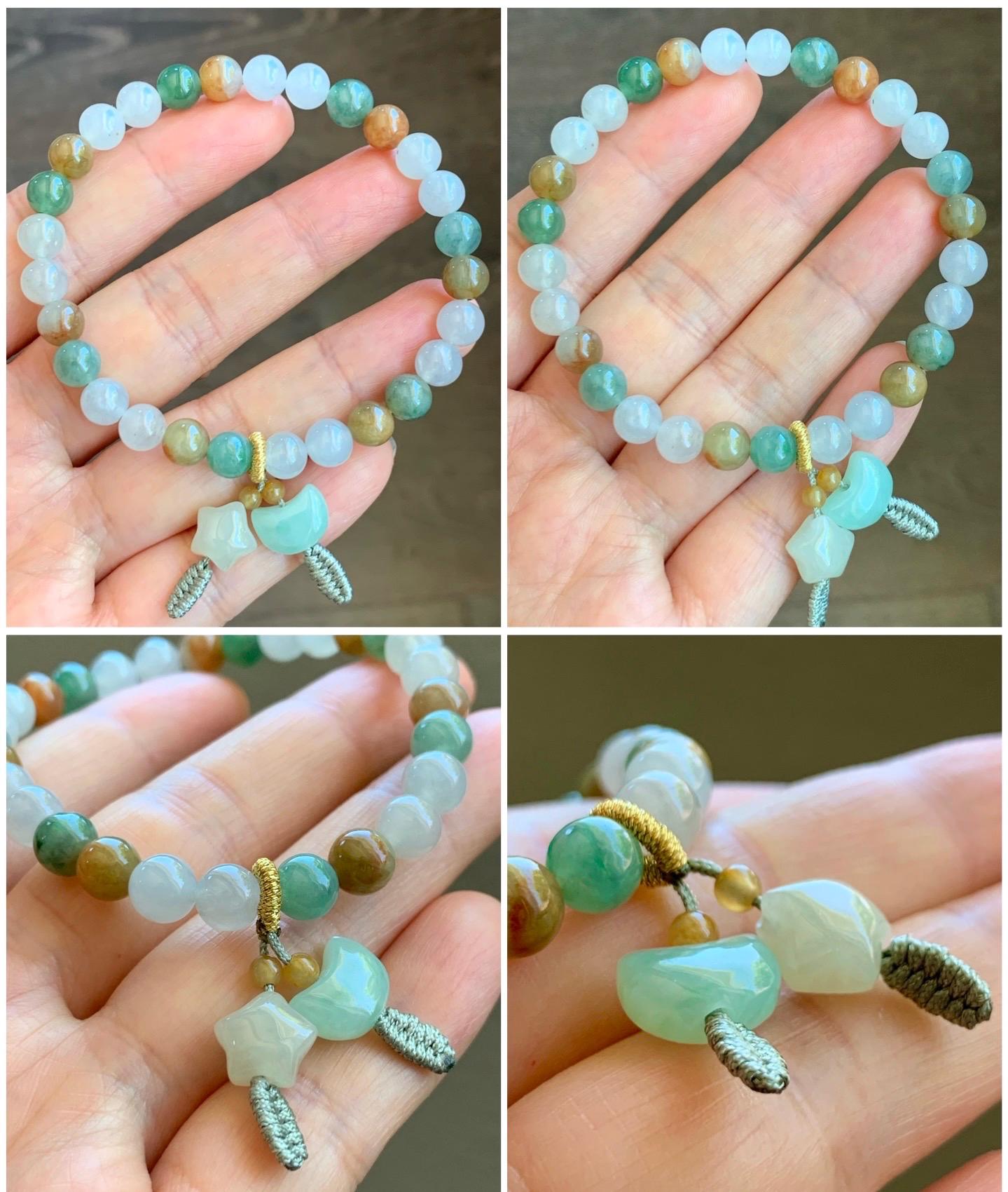 Natural Burmese Icy Translucent Multi-Colored Jadeite Petite Beads Beaded Bracelet Rabbit Charm Stretchy 6.7mm 7” 16g 天然缅甸冰多宝翡翠星星月亮手串