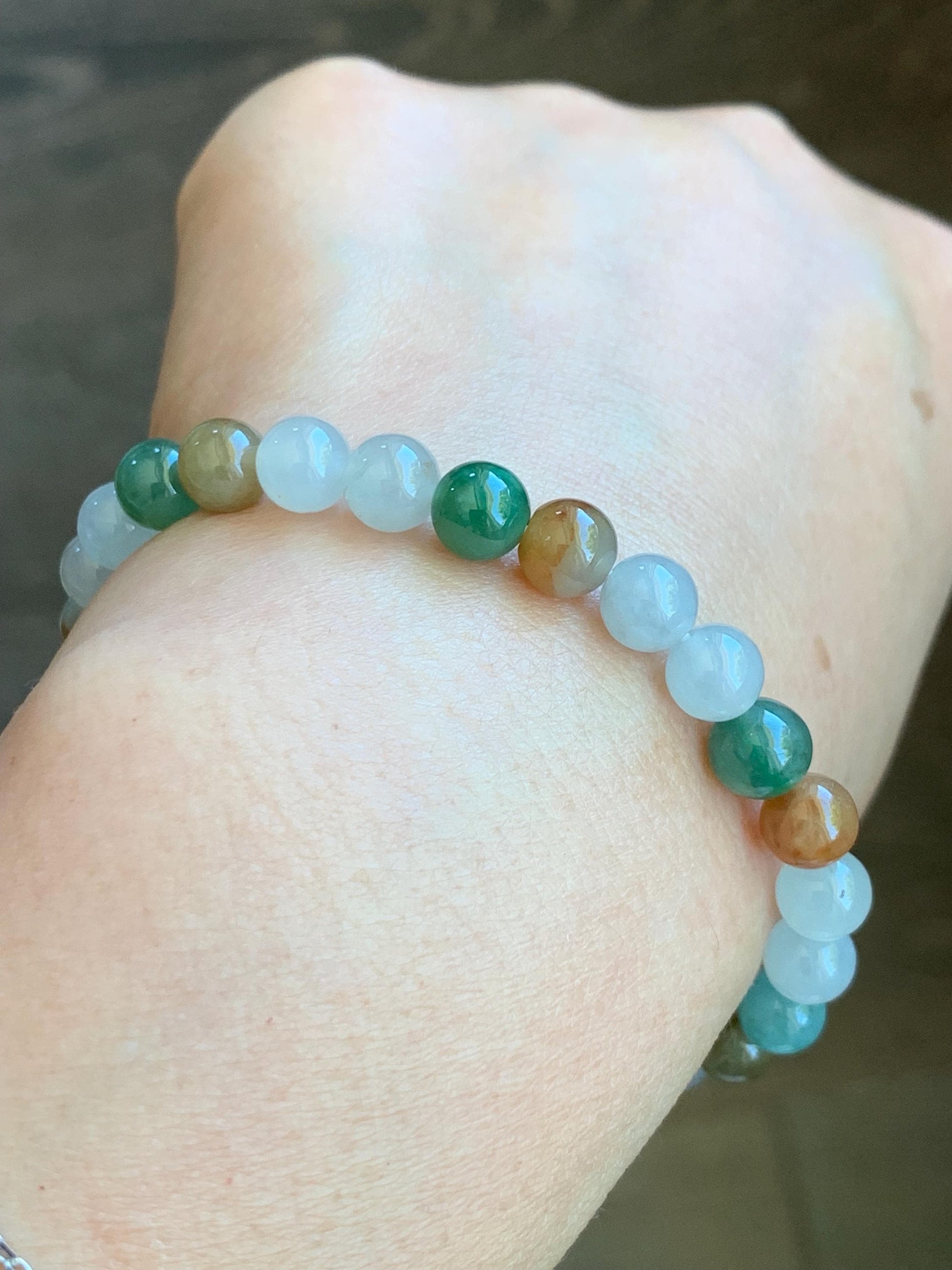 Natural Burmese Icy Translucent Multi-Colored Jadeite Petite Beads Beaded Bracelet Rabbit Charm Stretchy 6.7mm 7” 16g 天然缅甸冰多宝翡翠星星月亮手串