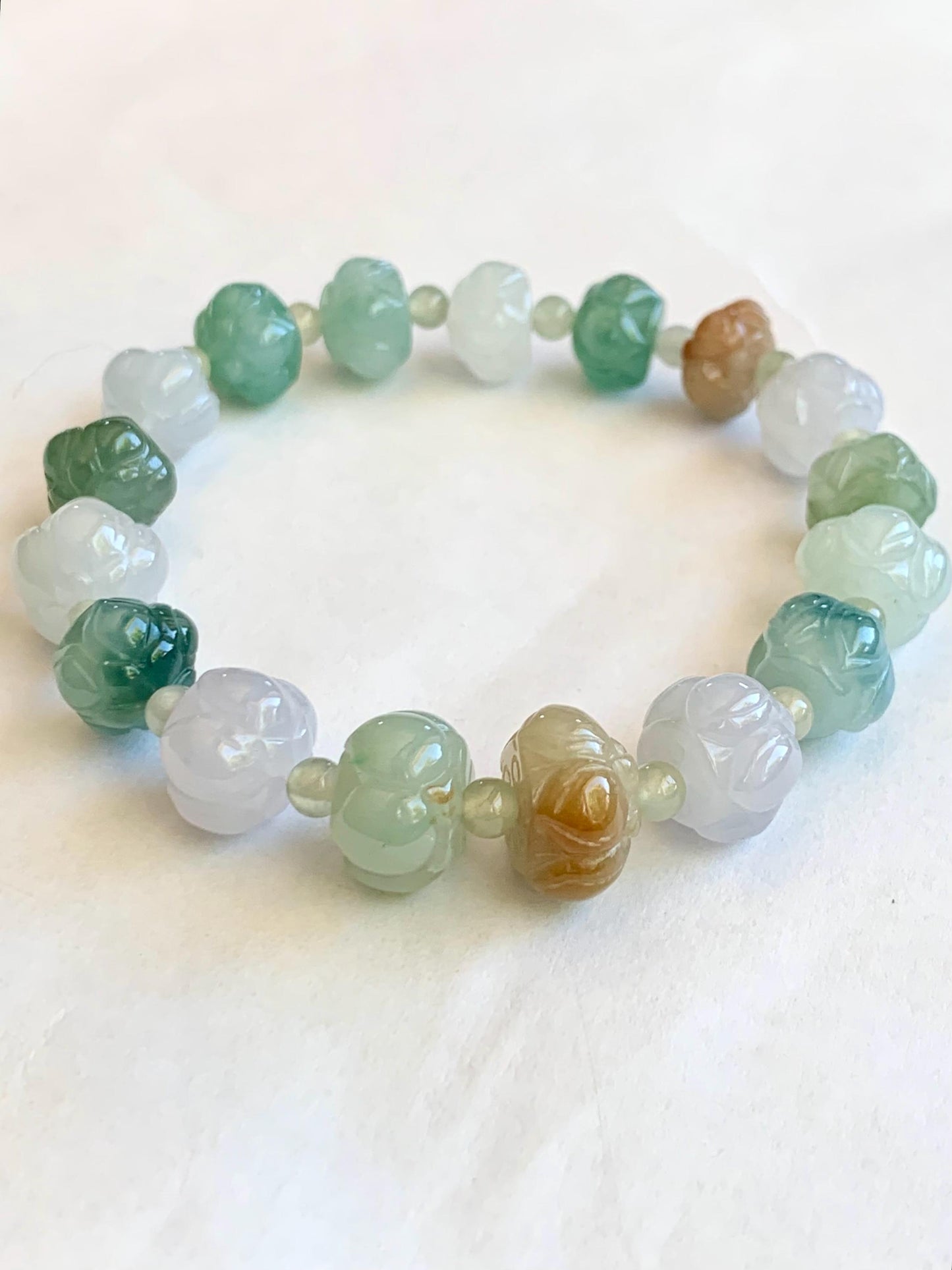 Natural Burmese Icy Translucent Gelatinous Multicolored Jadeite Carved Lotus Flower Beads Beaded Bracelet 7” 25g 天然缅甸冰胶多宝翡翠莲花珠手串 LHZDW