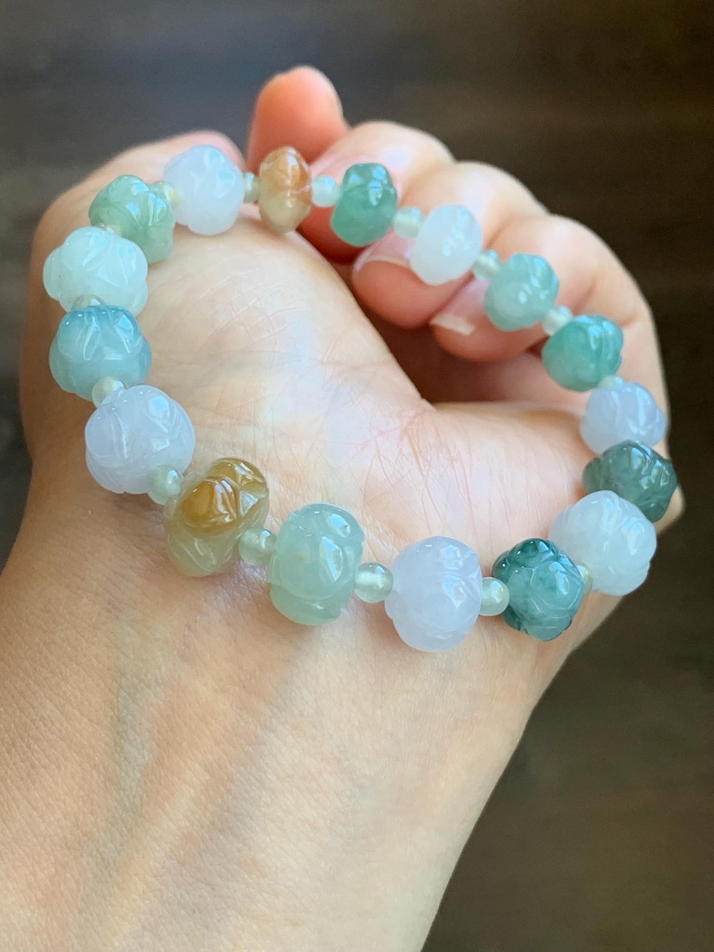 Natural Burmese Icy Translucent Gelatinous Multicolored Jadeite Carved Lotus Flower Beads Beaded Bracelet 7” 25g 天然缅甸冰胶多宝翡翠莲花珠手串 LHZDW
