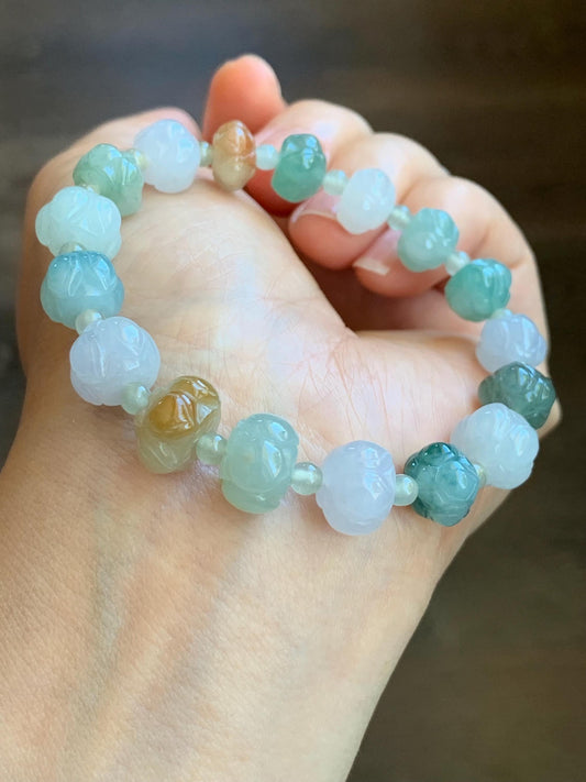 Natural Burmese Icy Translucent Gelatinous Multicolored Jadeite Carved Lotus Flower Beads Beaded Bracelet 7” 25g 天然缅甸冰胶多宝翡翠莲花珠手串 LHZDW
