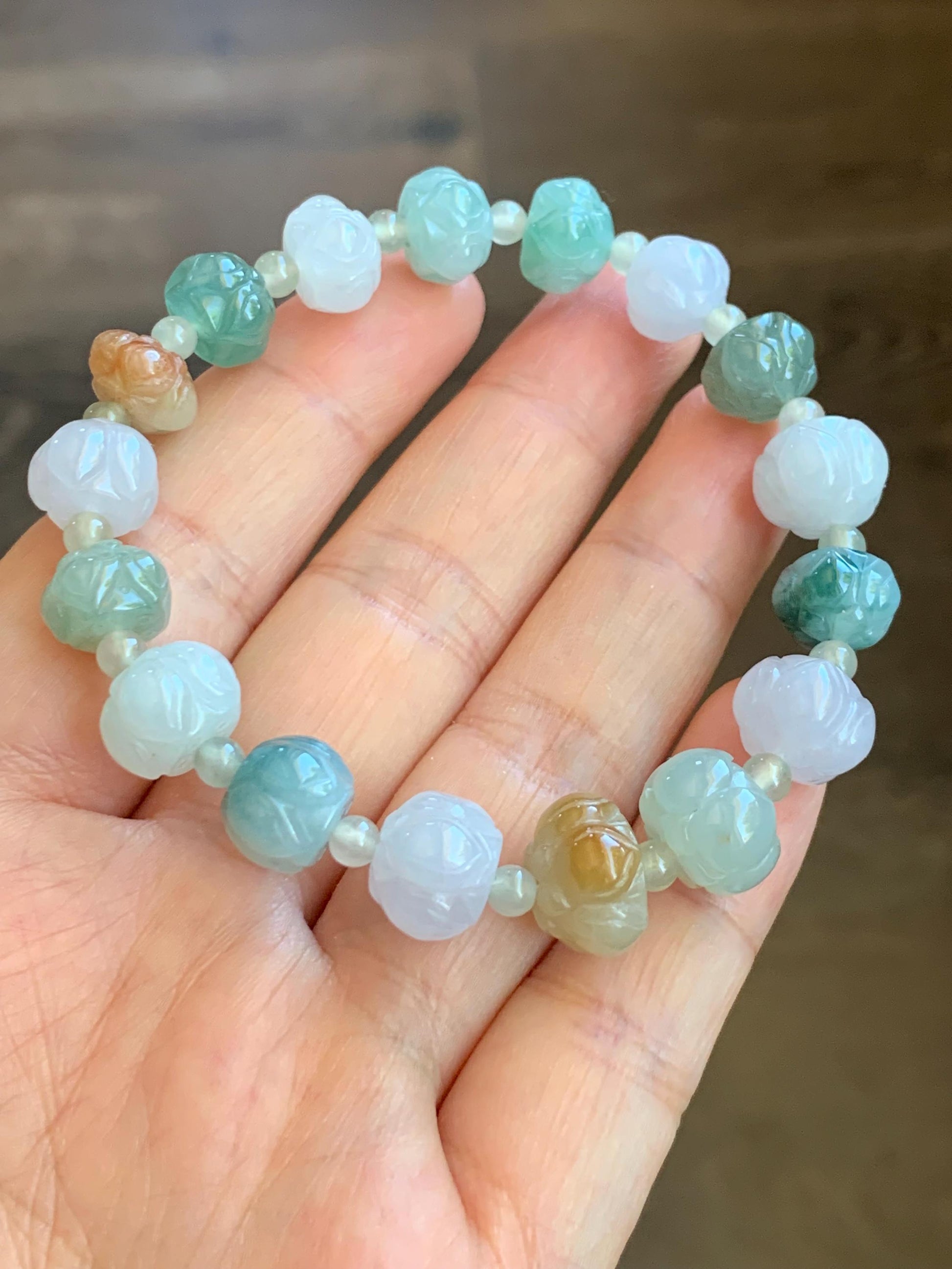 Natural Burmese Icy Translucent Gelatinous Multicolored Jadeite Carved Lotus Flower Beads Beaded Bracelet 7” 25g 天然缅甸冰胶多宝翡翠莲花珠手串 LHZDW