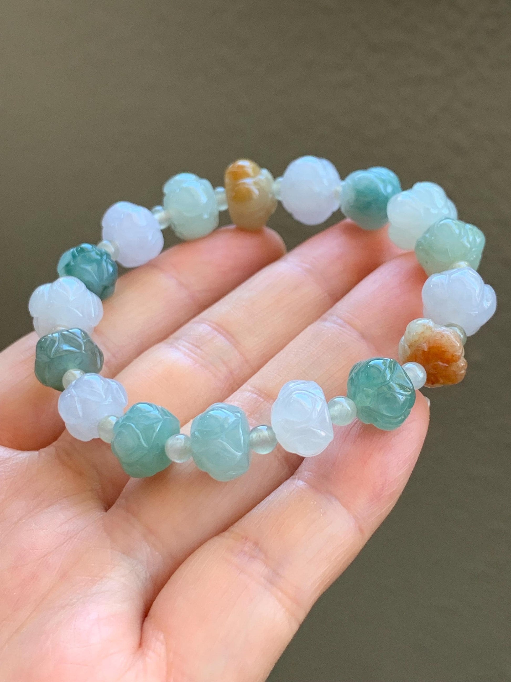 Natural Burmese Icy Translucent Gelatinous Multicolored Jadeite Carved Lotus Flower Beads Beaded Bracelet 7” 25g 天然缅甸冰胶多宝翡翠莲花珠手串 LHZDW