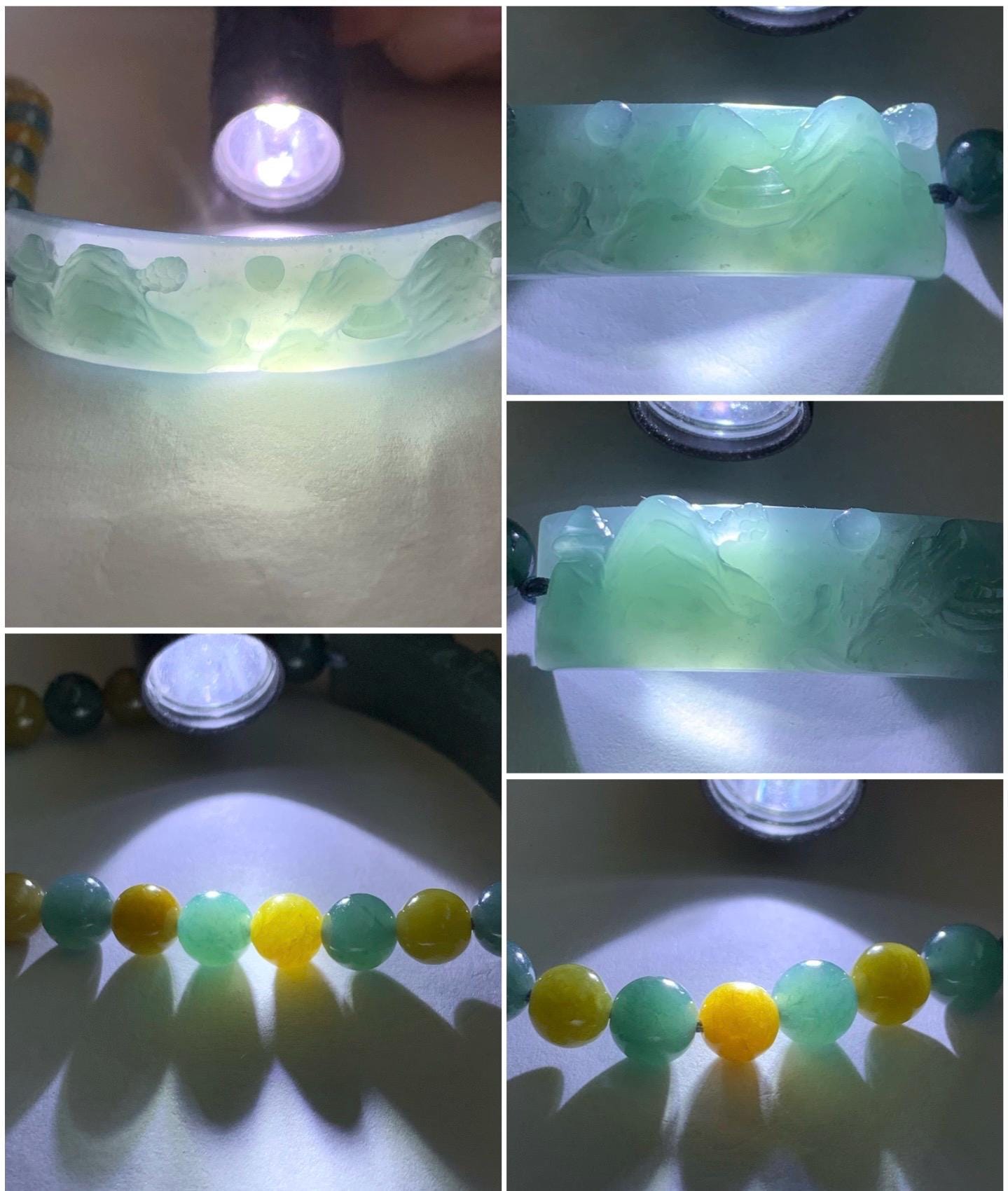 Natural Guatemalan Icy Translucent Dusty Teal Blue Jadeite Shan Shui Cuff Blue & Yellow Jadeite Beads Beaded Bracelet 6.5” 19g 天然冰危蓝翡翠山水牌手串