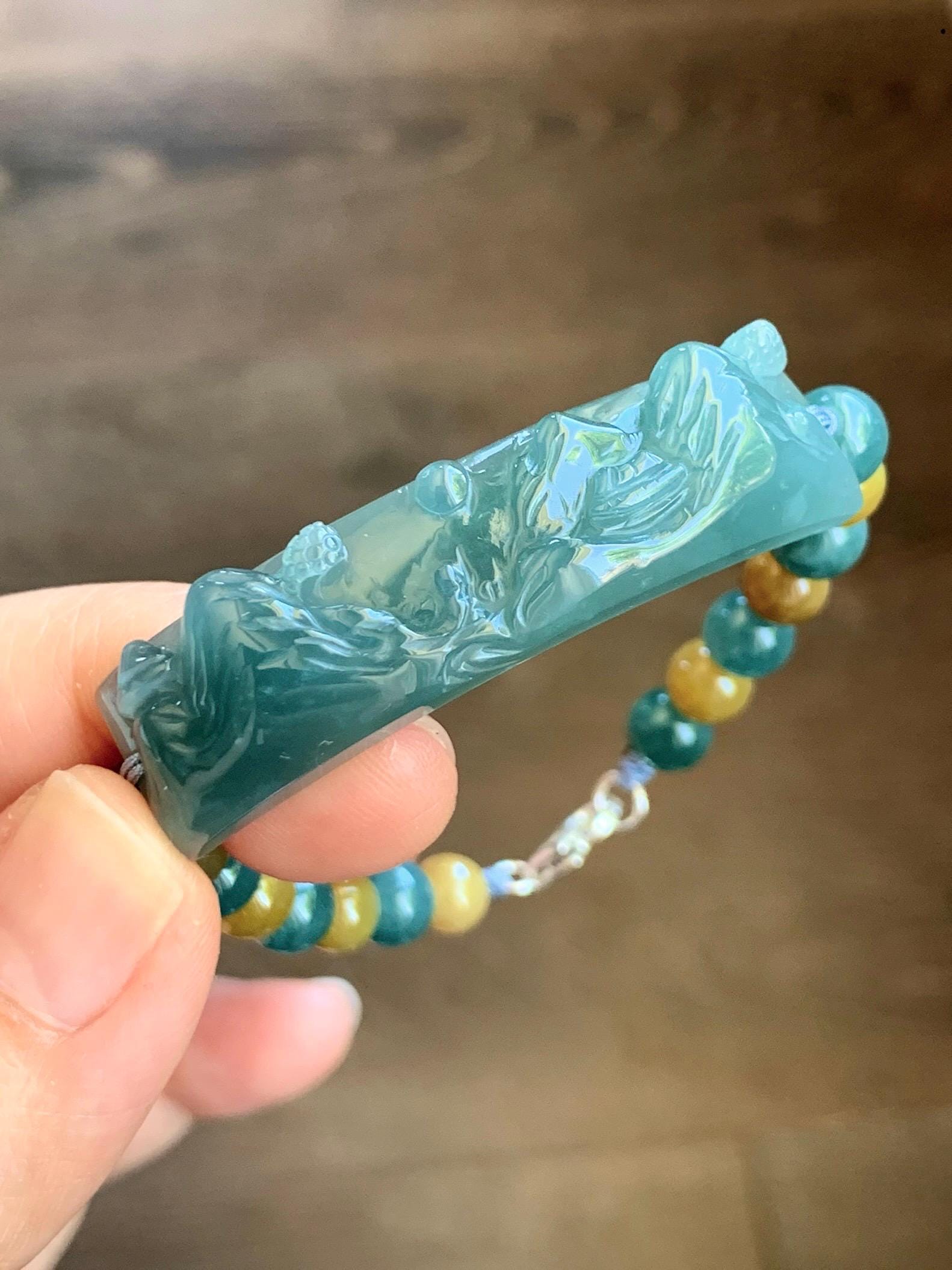 Natural Guatemalan Icy Translucent Dusty Teal Blue Jadeite Shan Shui Cuff Blue & Yellow Jadeite Beads Beaded Bracelet 6.5” 19g 天然冰危蓝翡翠山水牌手串