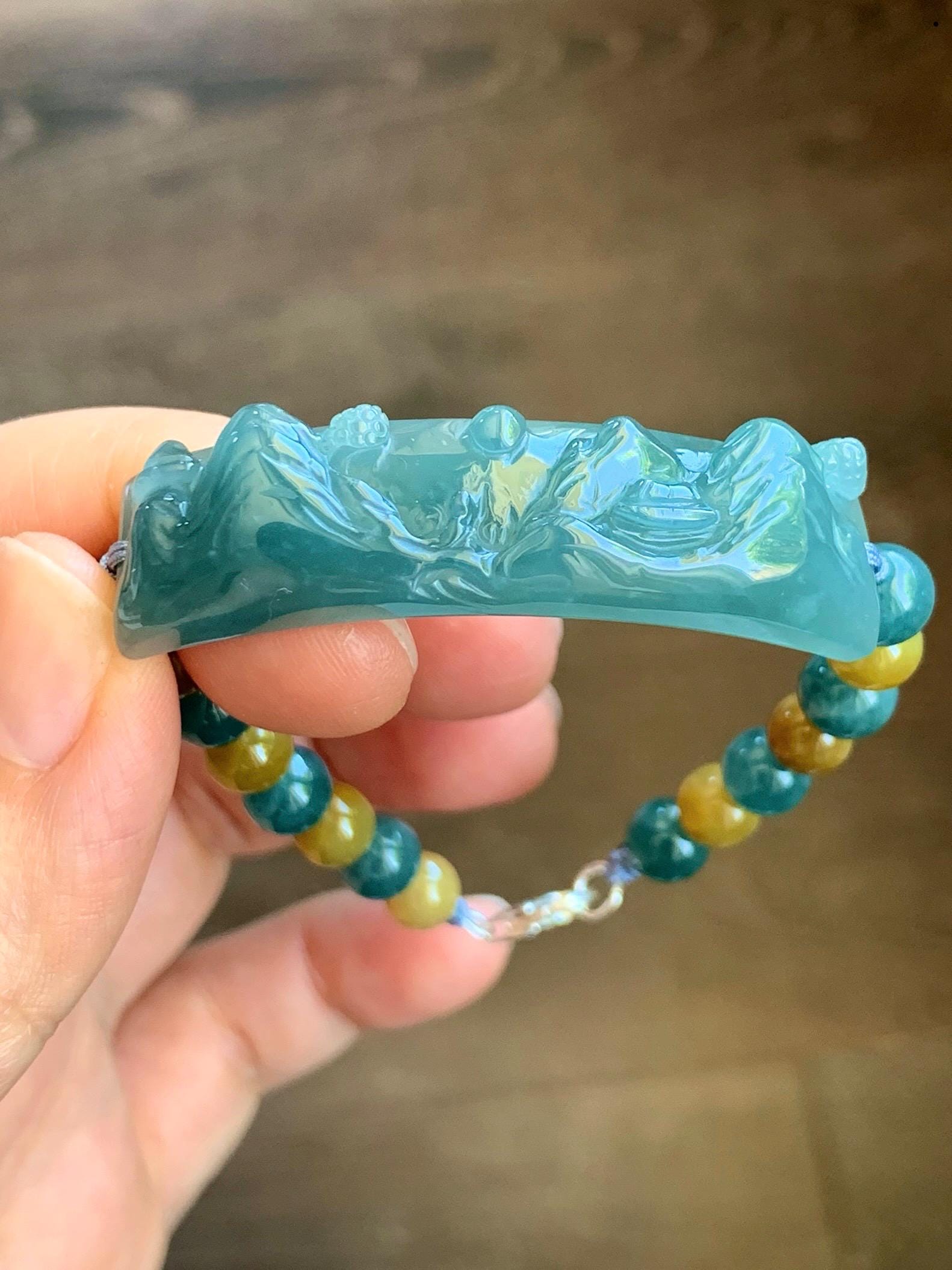Natural Guatemalan Icy Translucent Dusty Teal Blue Jadeite Shan Shui Cuff Blue & Yellow Jadeite Beads Beaded Bracelet 6.5” 19g 天然冰危蓝翡翠山水牌手串