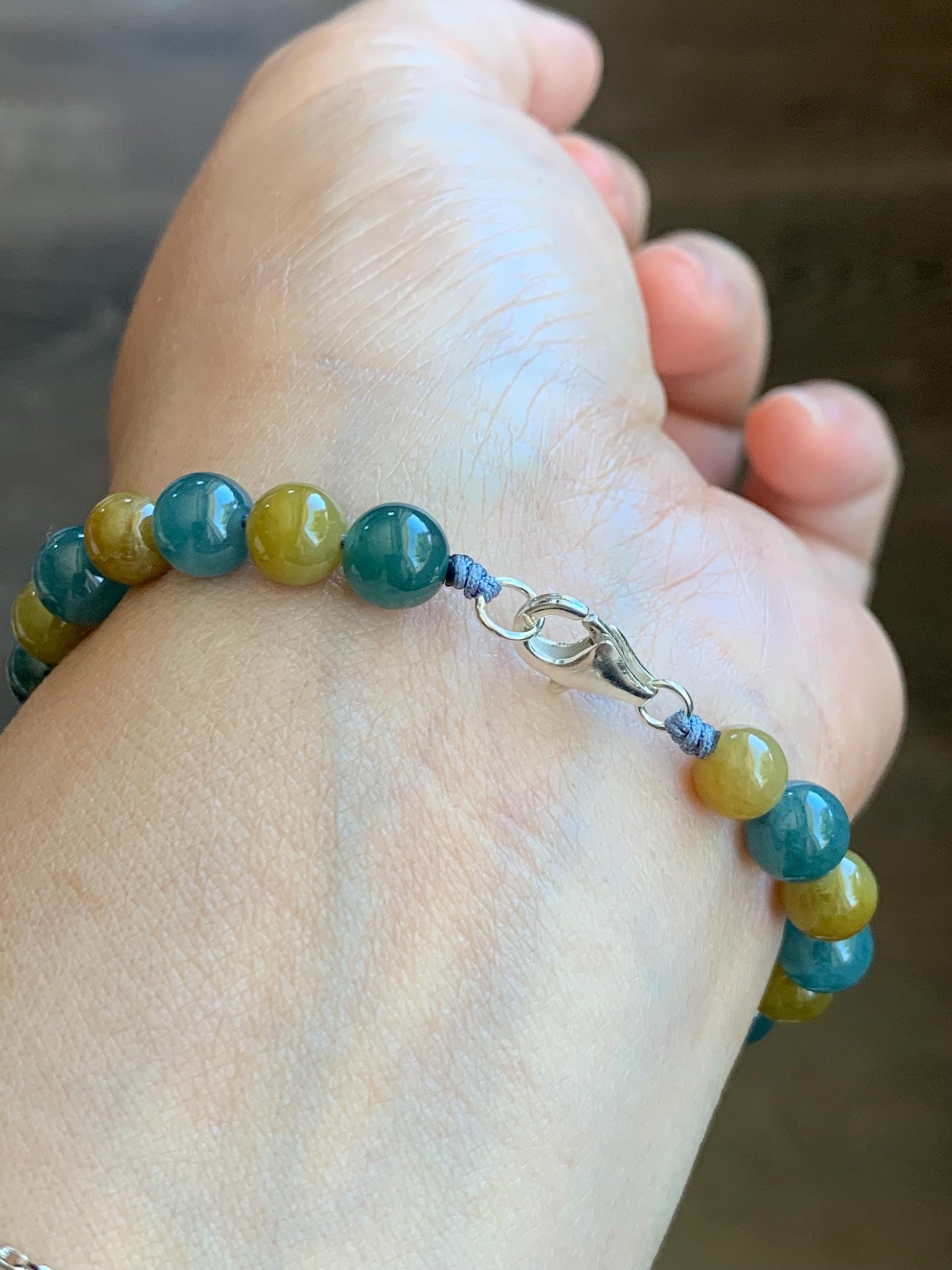 Natural Guatemalan Icy Translucent Dusty Teal Blue Jadeite Shan Shui Cuff Blue & Yellow Jadeite Beads Beaded Bracelet 6.5” 19g 天然冰危蓝翡翠山水牌手串