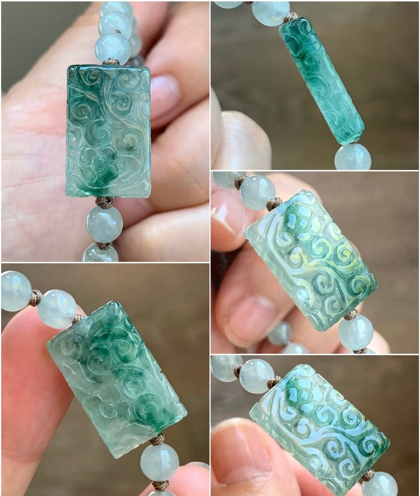 Natural Burmese Icy Highly Translucent Green Marbled Jadeite Engraved Bead & Round Beads Beaded Bracelet 6.25” 天然缅甸冰胶飘绿花翡翠冰翡翠珠手串