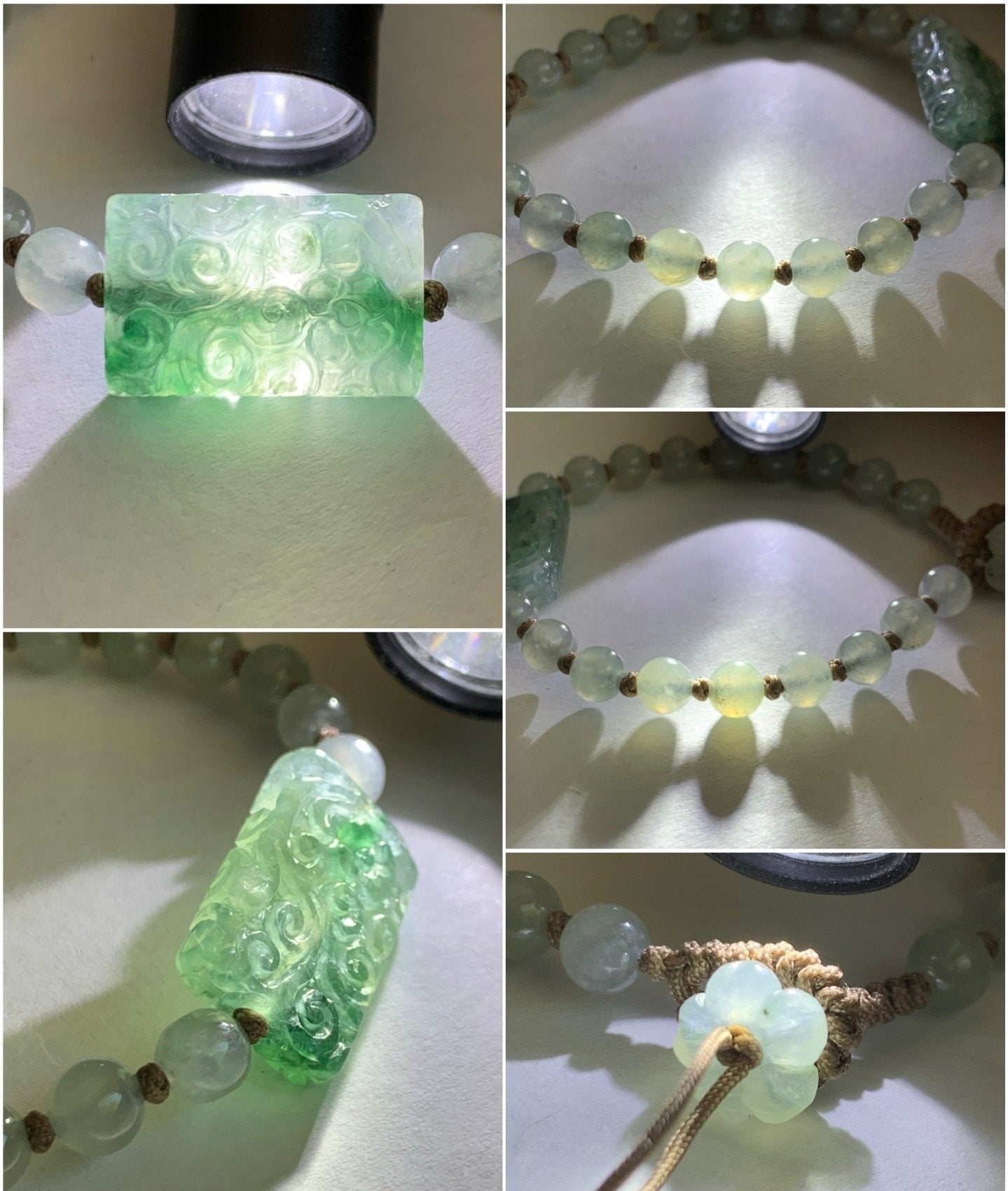 Natural Burmese Icy Highly Translucent Green Marbled Jadeite Engraved Bead & Round Beads Beaded Bracelet 6.25” 天然缅甸冰胶飘绿花翡翠冰翡翠珠手串