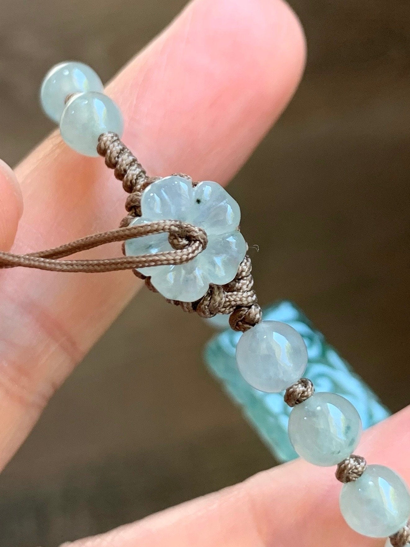 Natural Burmese Icy Highly Translucent Green Marbled Jadeite Engraved Bead & Round Beads Beaded Bracelet 6.25” 天然缅甸冰胶飘绿花翡翠冰翡翠珠手串